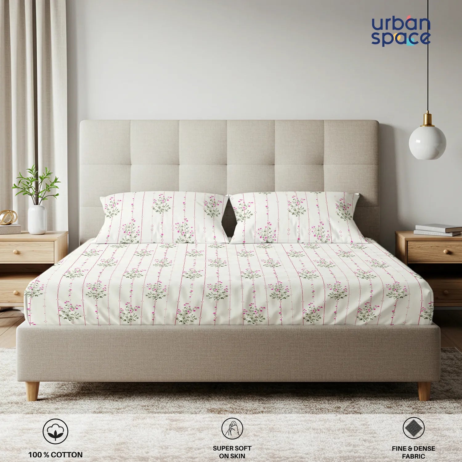 Serene Collection - Breathable 200 TC 100% Pure Cotton Bedsheet with Pillow Cover, Sedum Pink