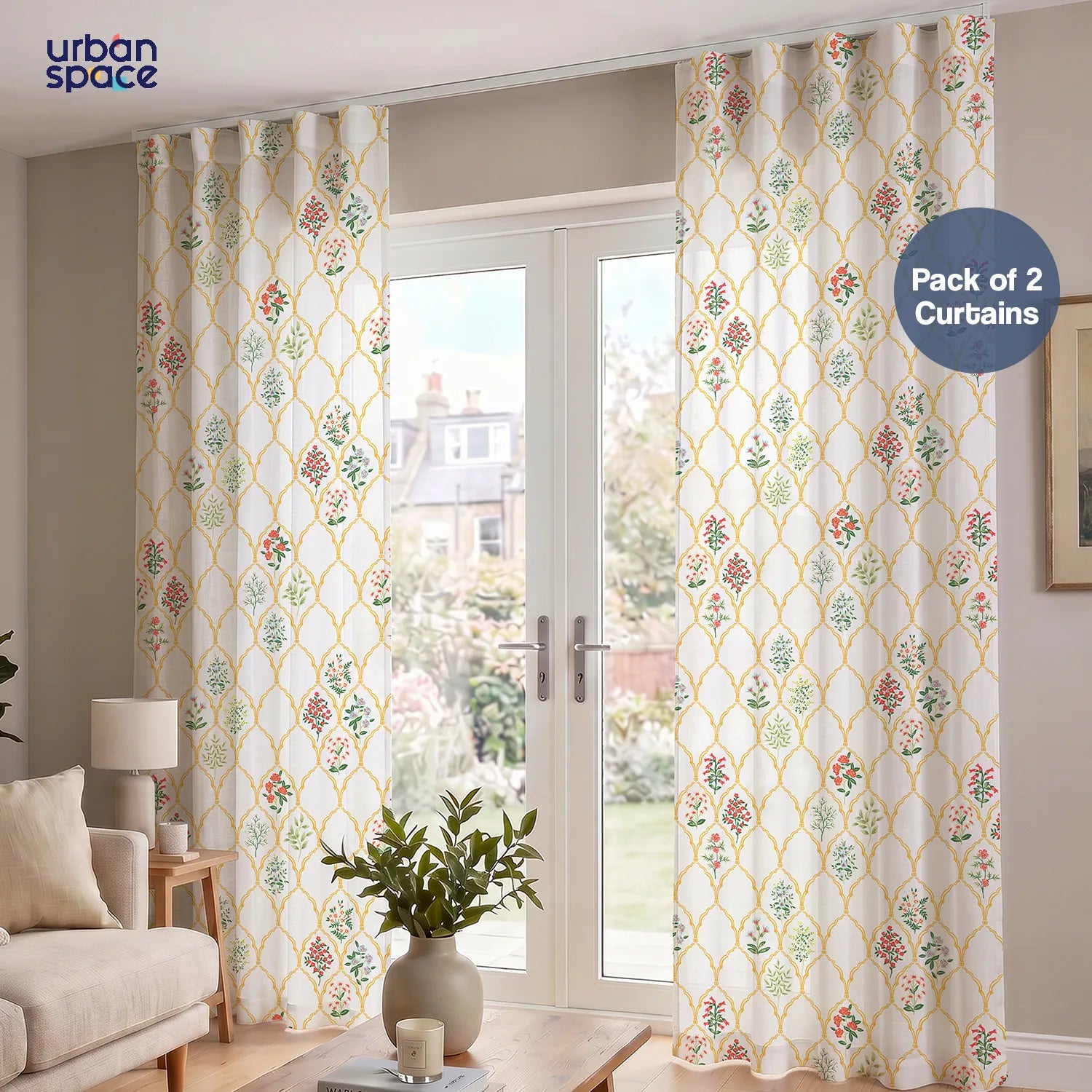Printed Sheer Linen Curtains with Track Channel, Light Filtering, Pack of 2 Curtains - Floral Symphony