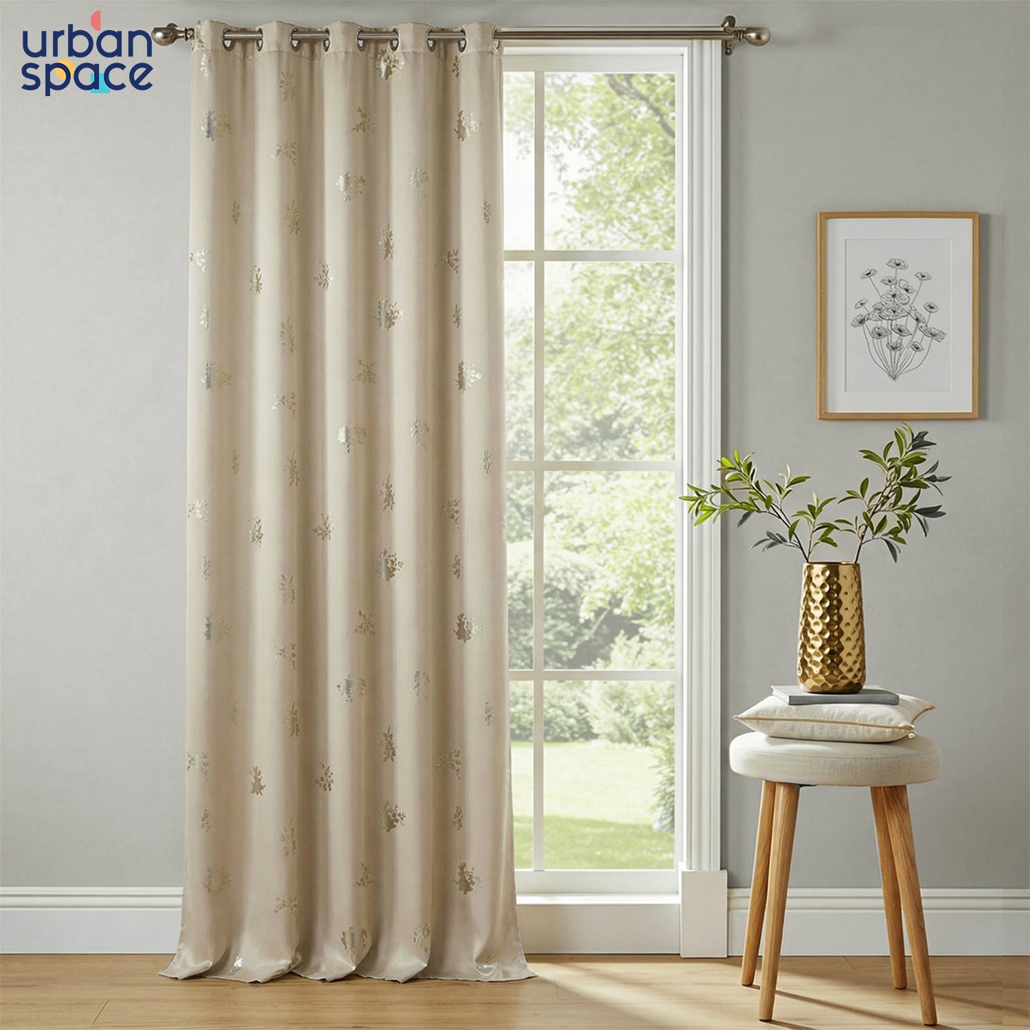 Crackle Beige Metallic Foil Printed 100% Blackout Curtain – Pack of 1