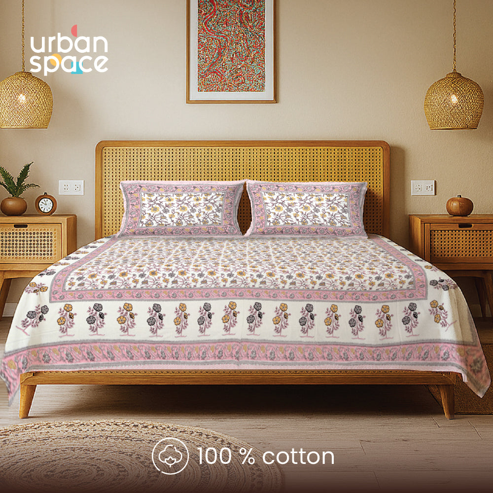 Rajasthani Ethnic 100% Cotton Bedsheet with 2 Pillow Covers, King Bed - Jagmandir Pink