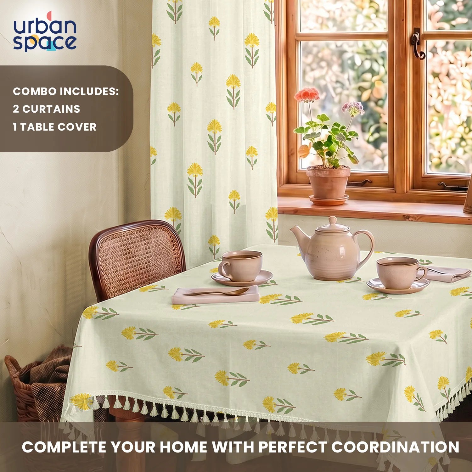 100% Cotton Pack of 2 Curtains & Table Cover Combo for Living Room - Aster Yellow