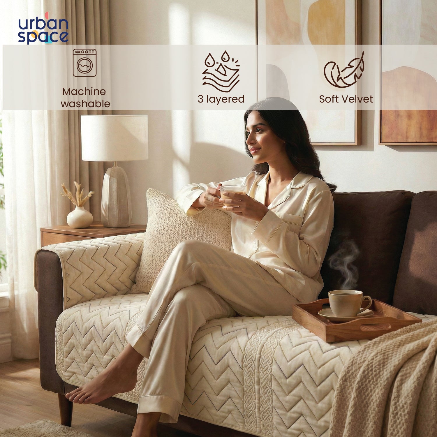 Anti Skid Quilted Velvet Sofa Mats, Zig Zag - Beige