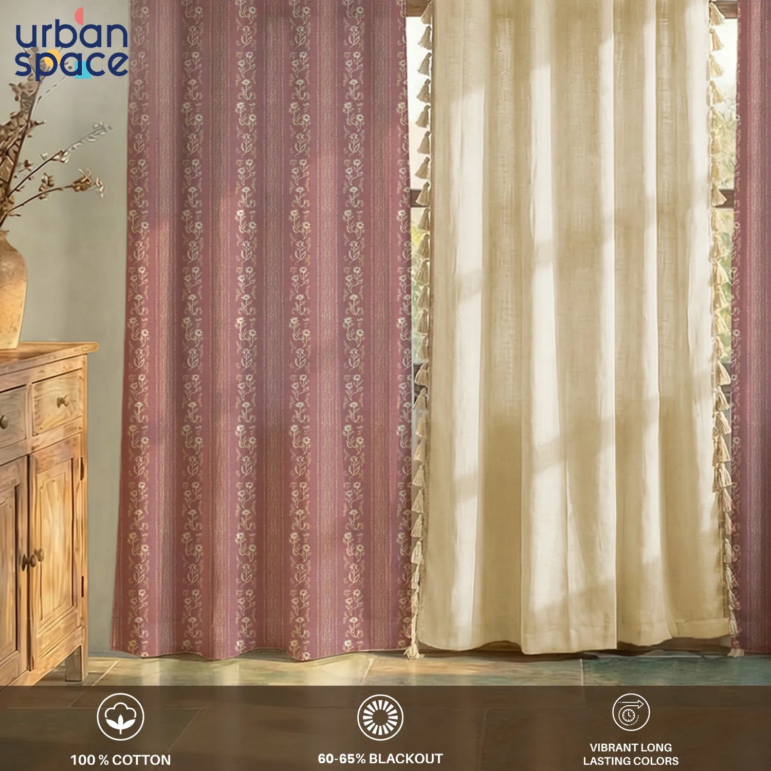 Cotton Curtains Combo, Set of 3 curtains, 60-65% Room Darkening Curtain - Garden Trail Mauve & Aura Beige