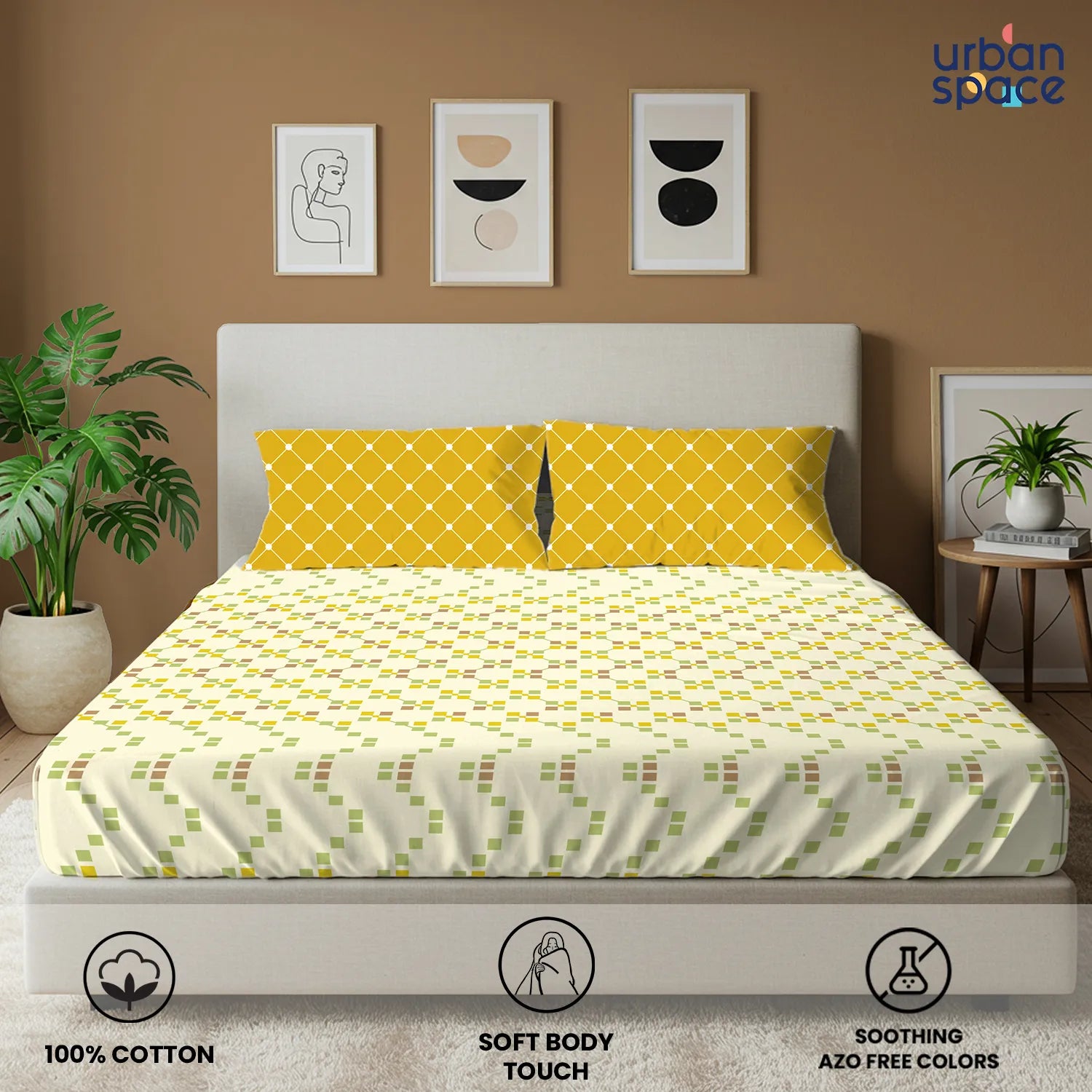 Divine Collection - Cotton Bedsheet With 2 Pillow Covers, Zen Blocks Yellow
