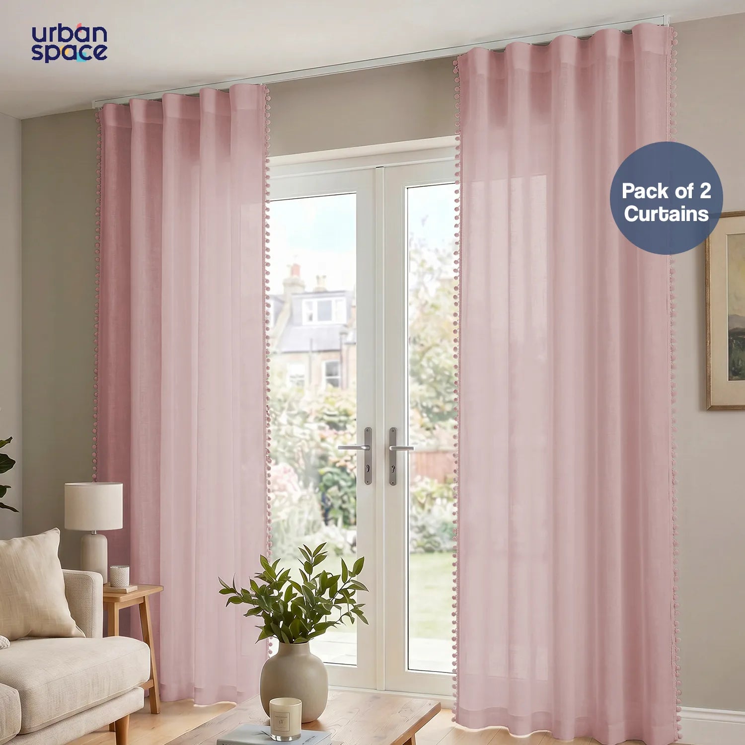 Sheer Curtain for Living Room with linen texture & Track Channel, Net Curtain for balcony, Pack of 2 Curtains -  Blush Pink with pom pom