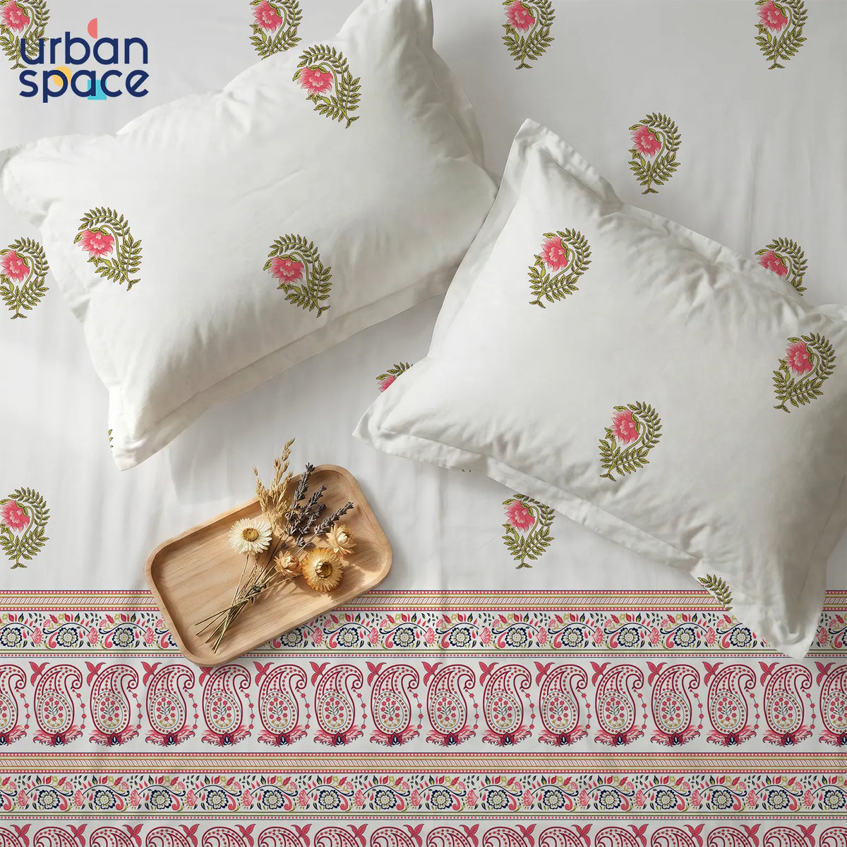 300 TC Cotton Percale Bedsheet with Pillow Covers - Ethnic Motif Pink