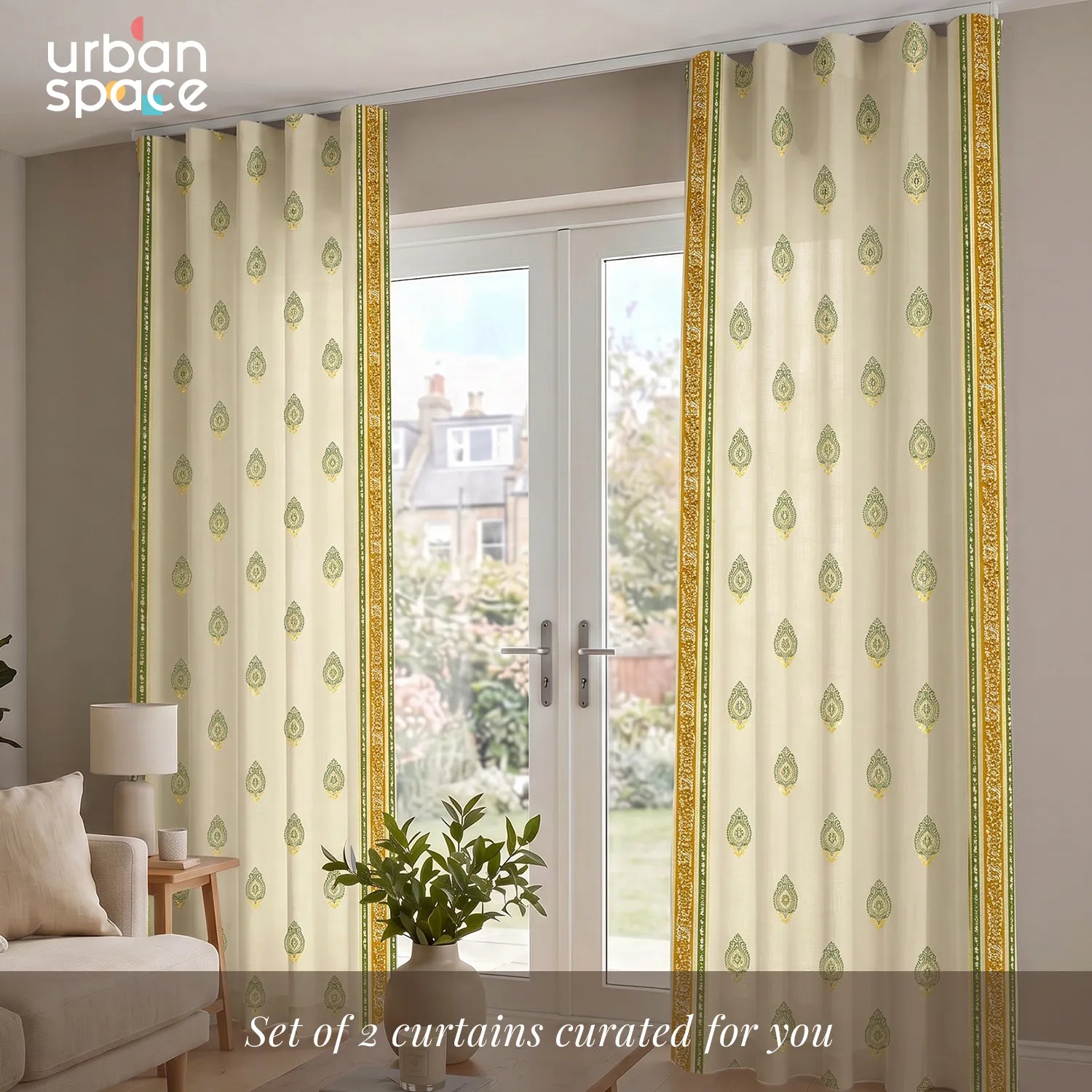 100% Cotton Curtains for Living Room, Bedroom curtains with Track Channel - Pack of 2 curtains, Zari Buta Sage Green Gold