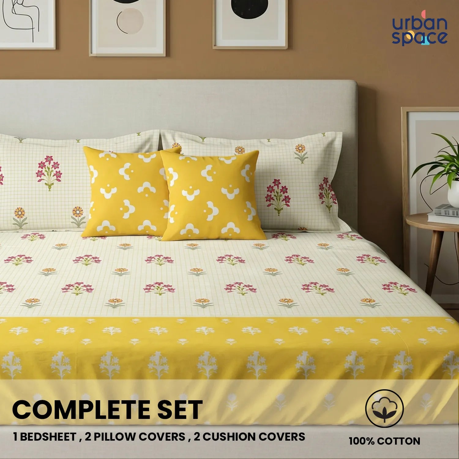 5 PC Cotton Double Bedsheet Set with 2 Pillow + 2 Cushion Covers - Magnolia Yellow