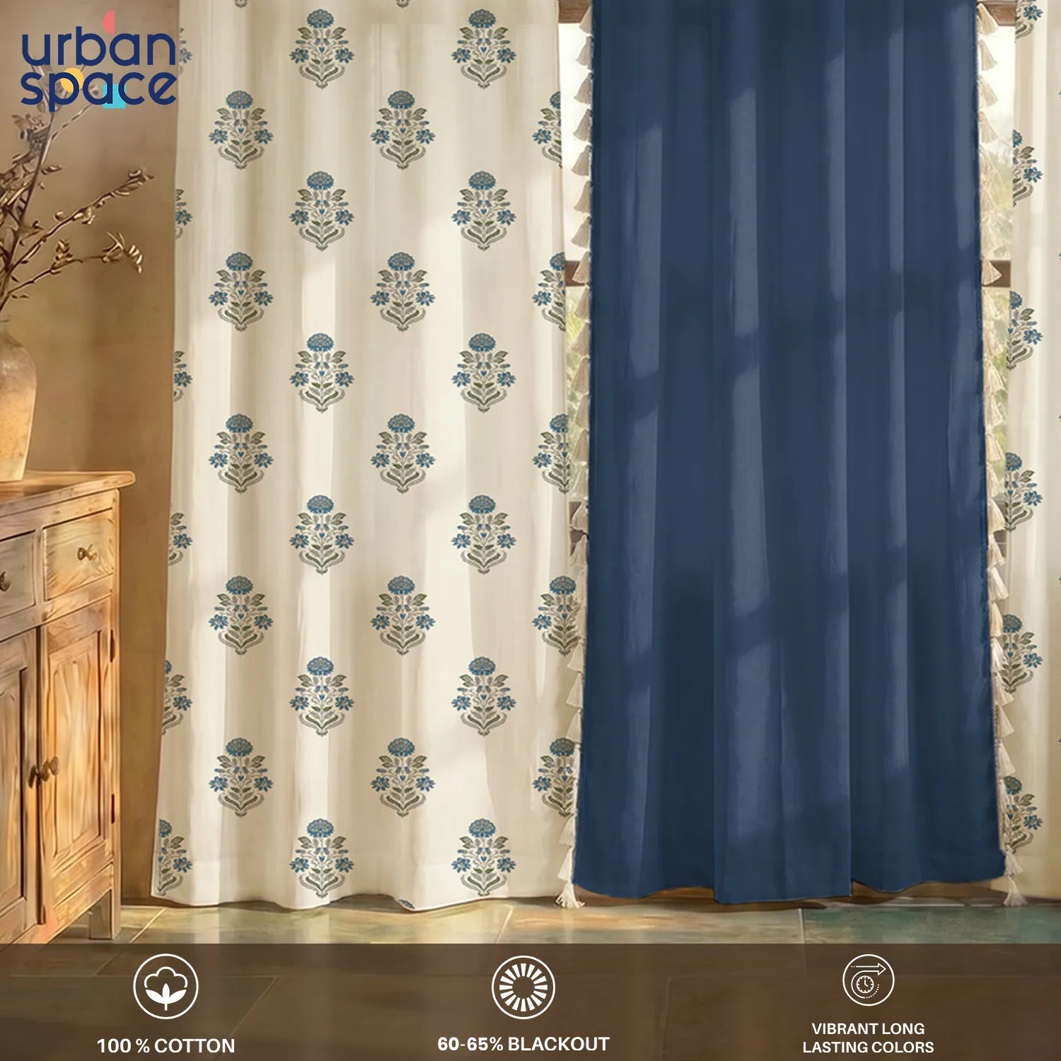 Cotton Curtains Combo, Set of 3 curtains, 60-65% Room Darkening Curtain - Liberty Blue & Aura Indigo