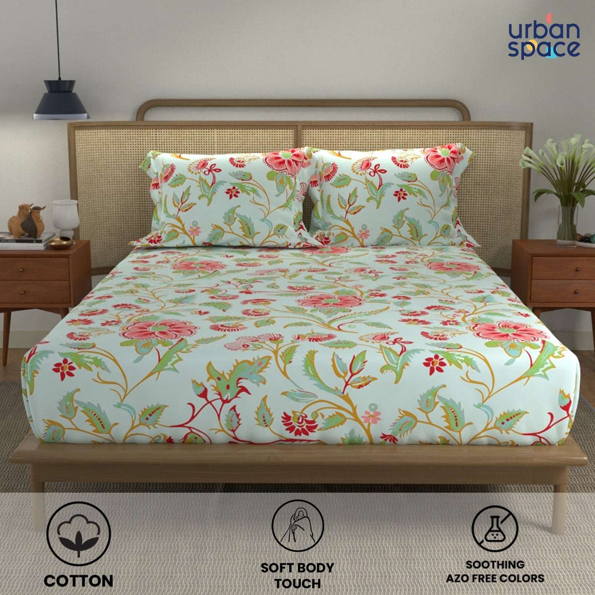 Divine - 100%  Cotton Double Bedsheet with 2 Pillow Covers - Monsoon SkyBlue