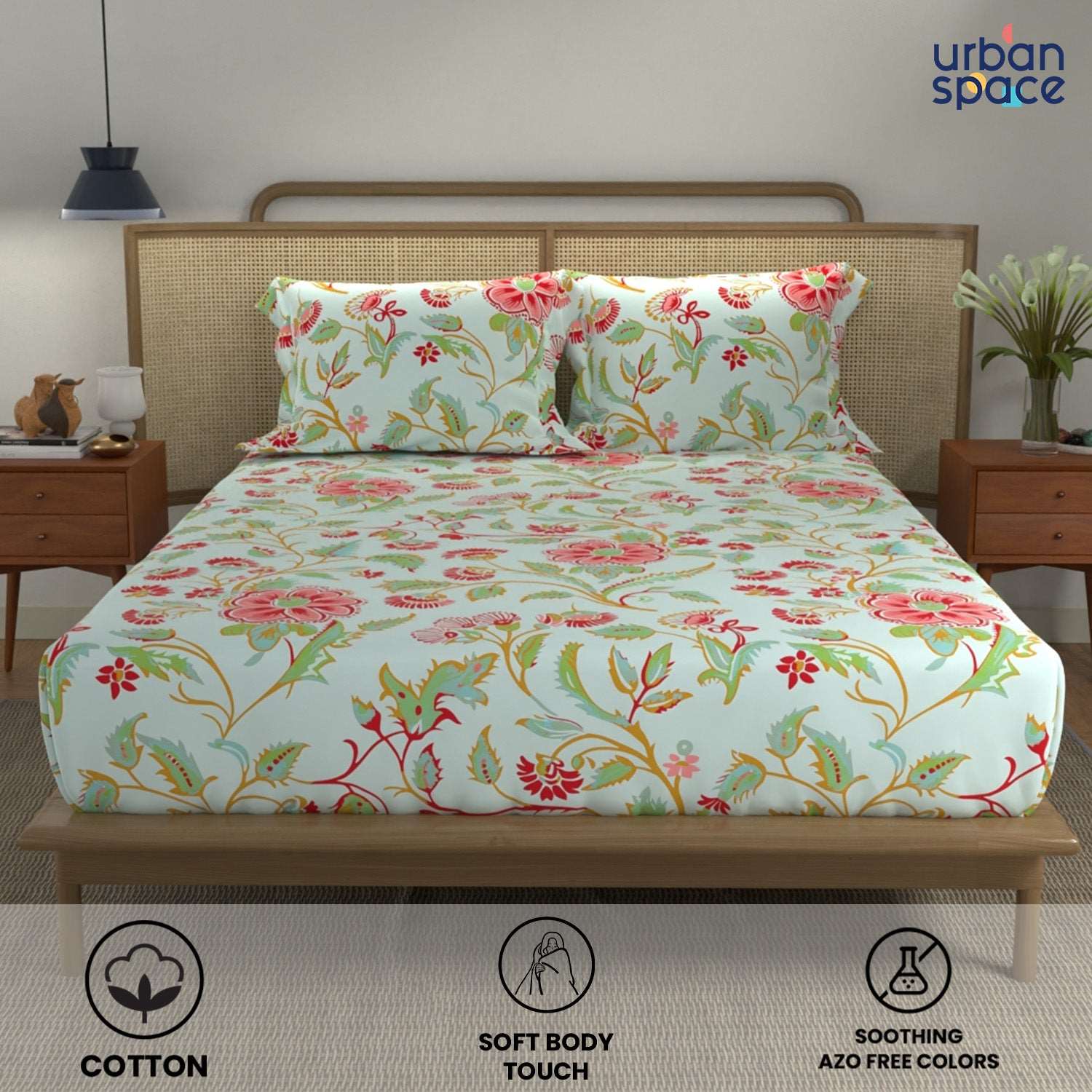 Divine - 100%  Cotton Double Bedsheet with 2 Pillow Covers - Monsoon SkyBlue