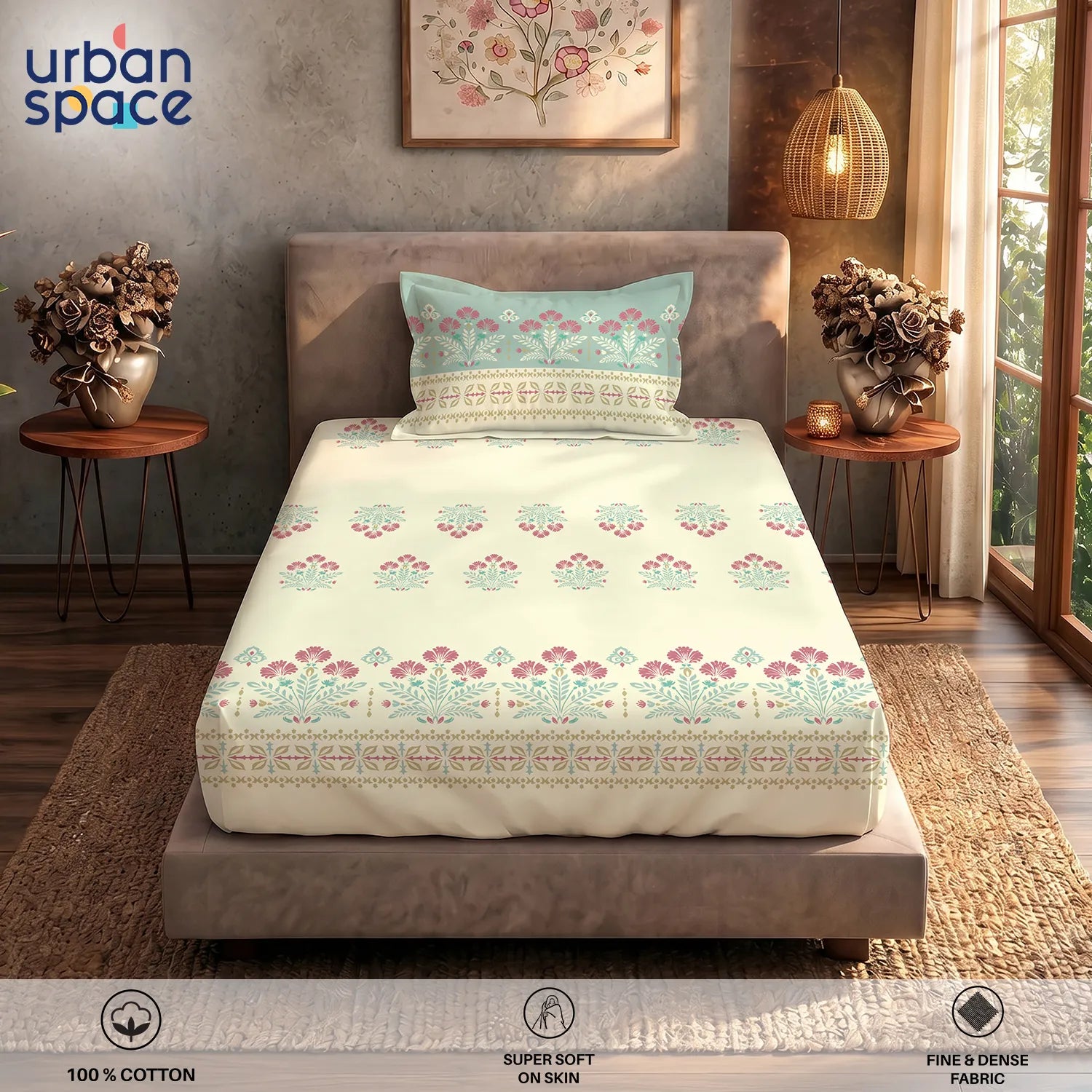 Serene 200 TC 100% Cotton Single Bedsheet with Pillow Covers - Malhaar Dusty Blue