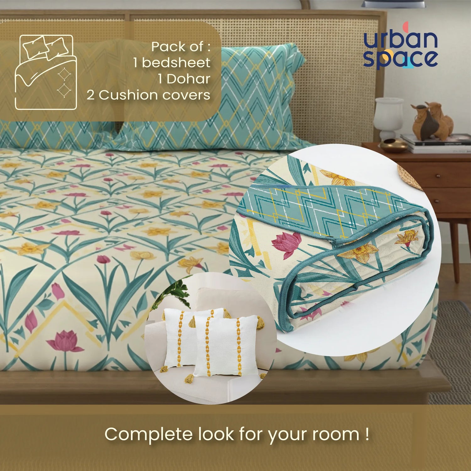 6 Pc Cotton Bedding Set in Gift Box, Spring Turquoise