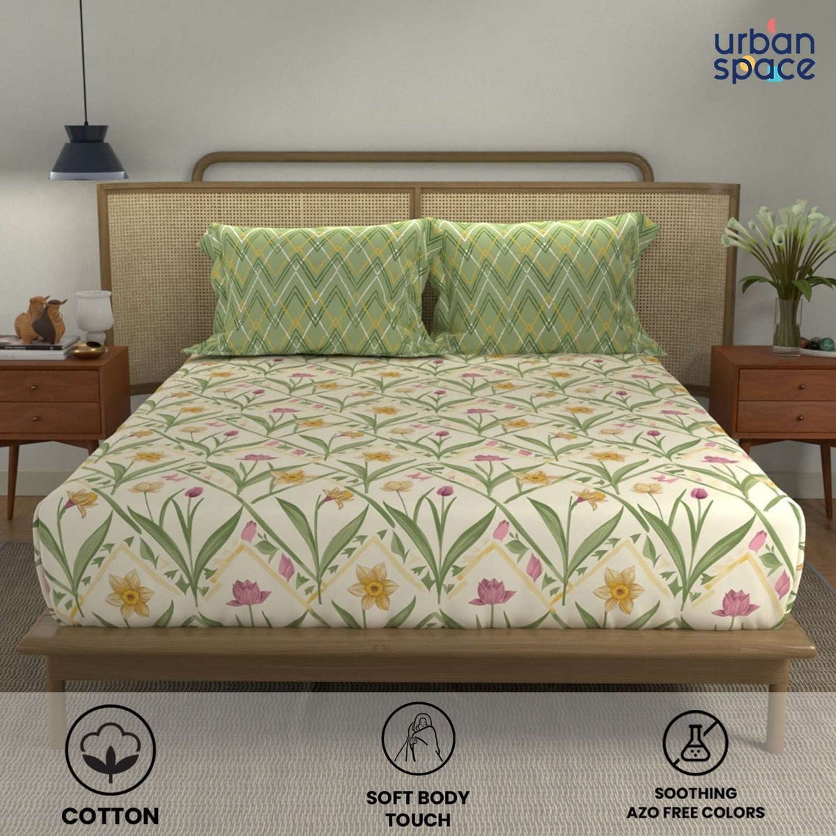Divine - 100%  Cotton Double Bedsheet with 2 Pillow Covers - Spring Sage Green