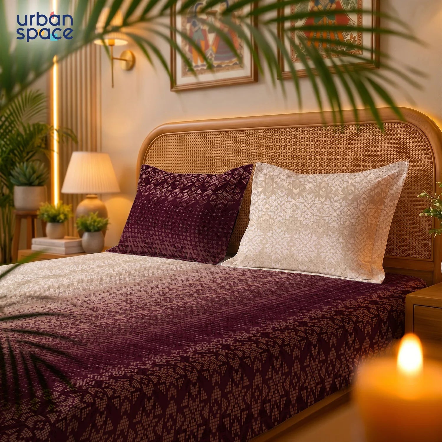Serene 200 TC 100% Cotton Bedsheet with Pillow Covers - Sun & Sand Wine