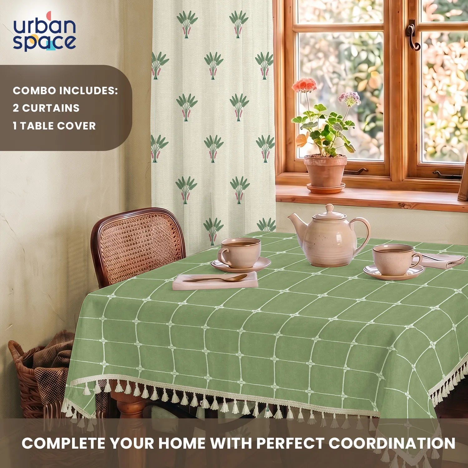 100% Cotton Pack of 2 Curtains & Table Cover Combo for Living Room - Palm Lagoon Green