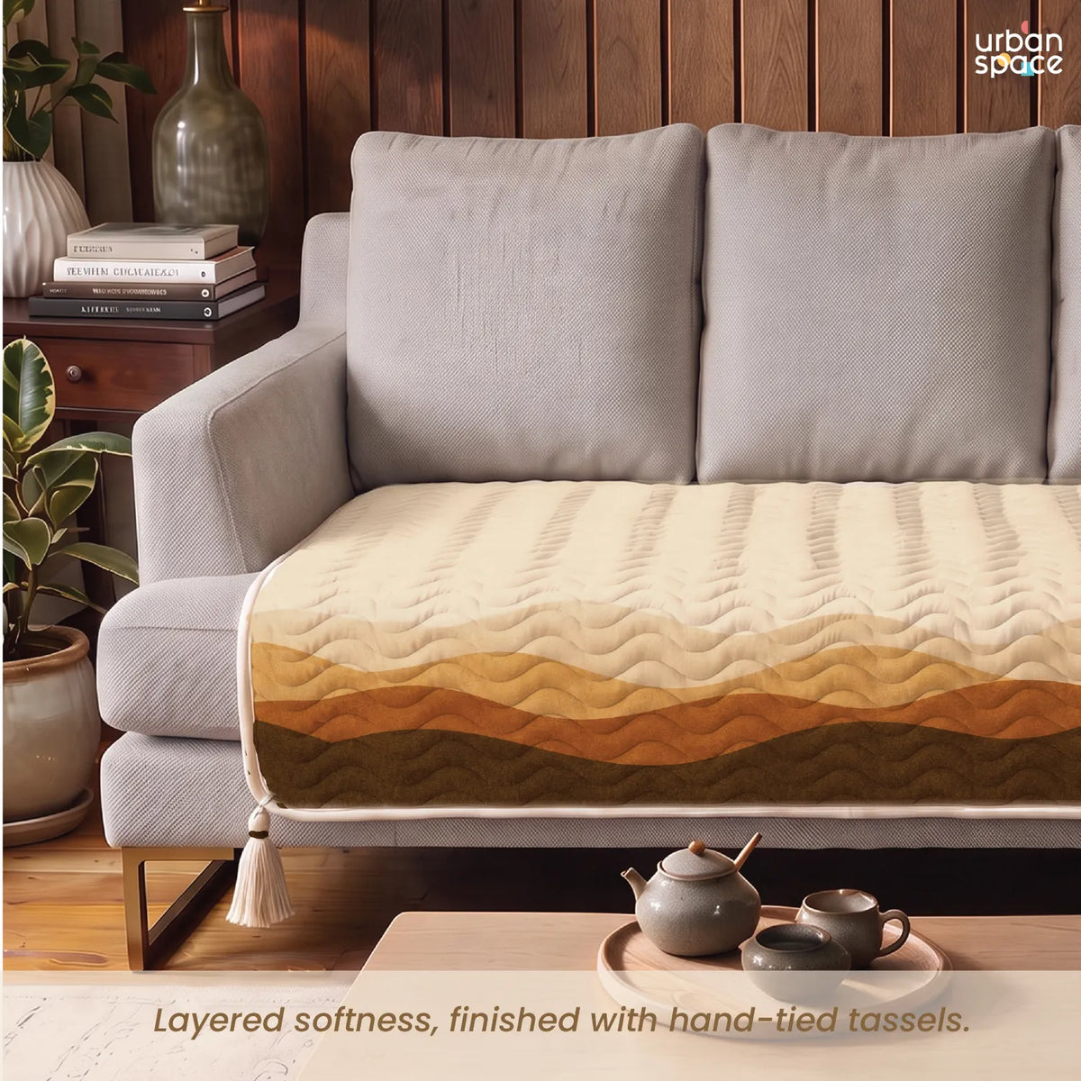 Anti Skid Quilted & Printed Velvet Sofa Mats with Tassels - Safari Brown