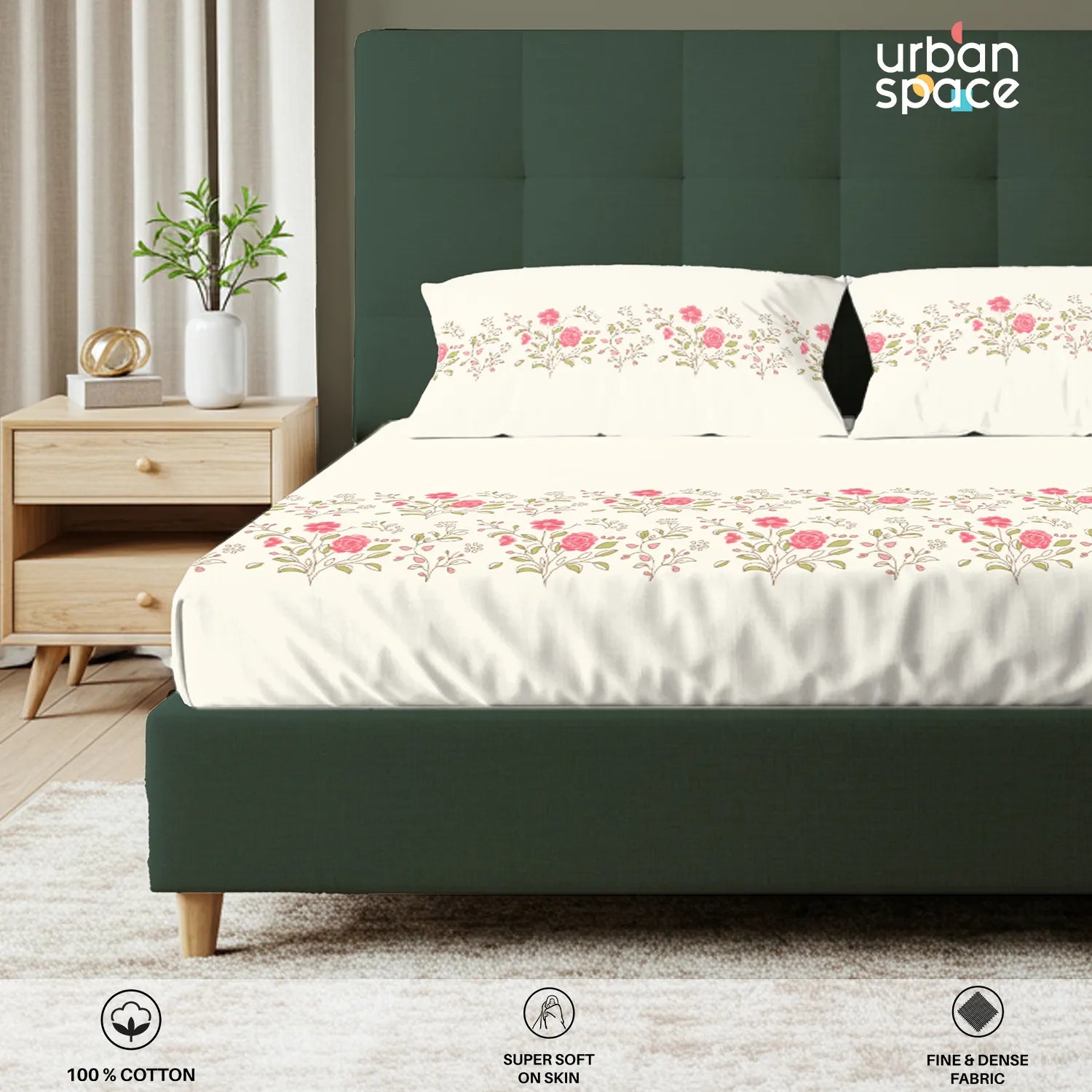 Serene 200 TC 100% Cotton Bedsheet with Pillow Covers - Poppy Blooms