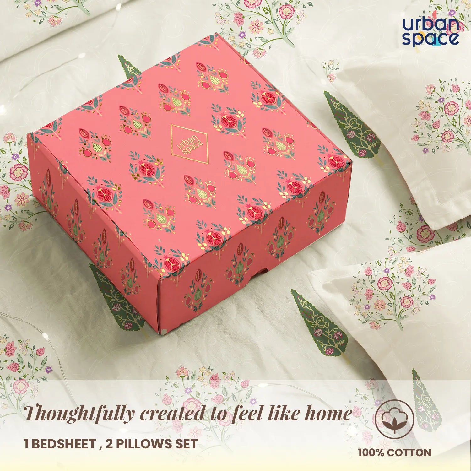 Serene 200 TC 100% Cotton Bedsheet with Pillow Covers in Giftbox - Kings Bloom