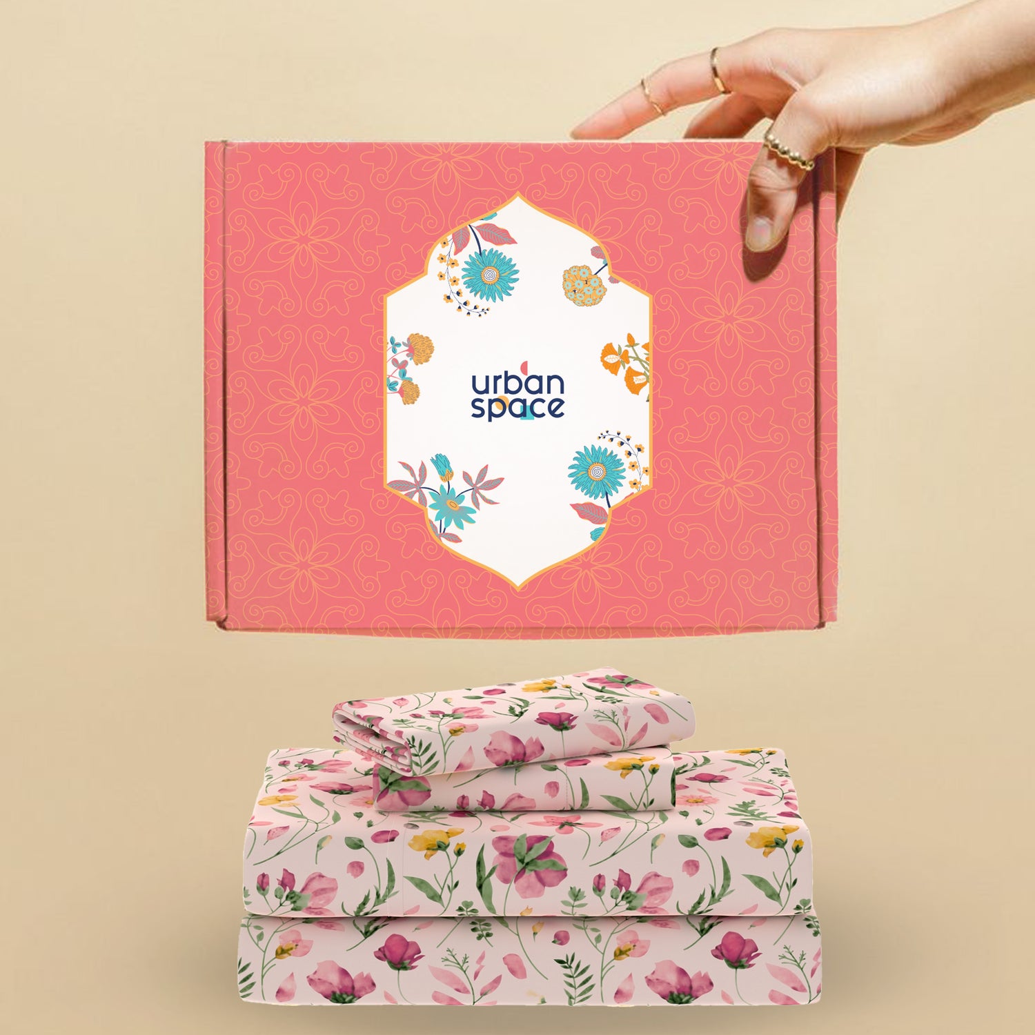 200 TC 100% Cotton Bedsheet Set in Gift Box - Meadows Pink