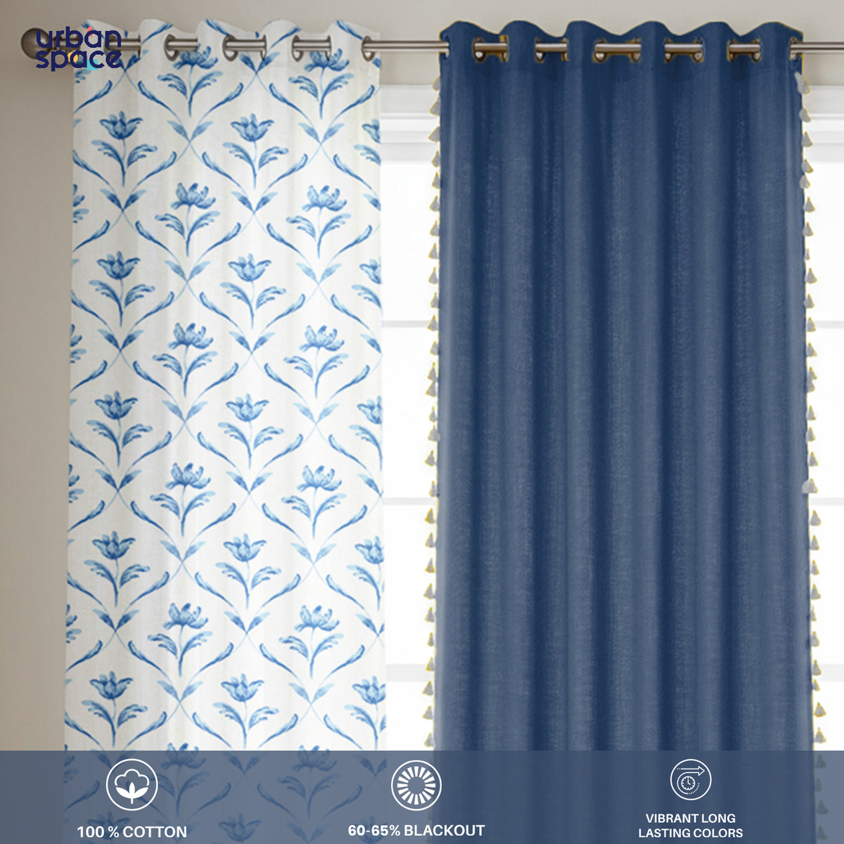 Cotton Curtains Combo, Set of 3 curtains, 60-65% Room Darkening Curtain - Water Lily - Blue & Aura Indigo image
