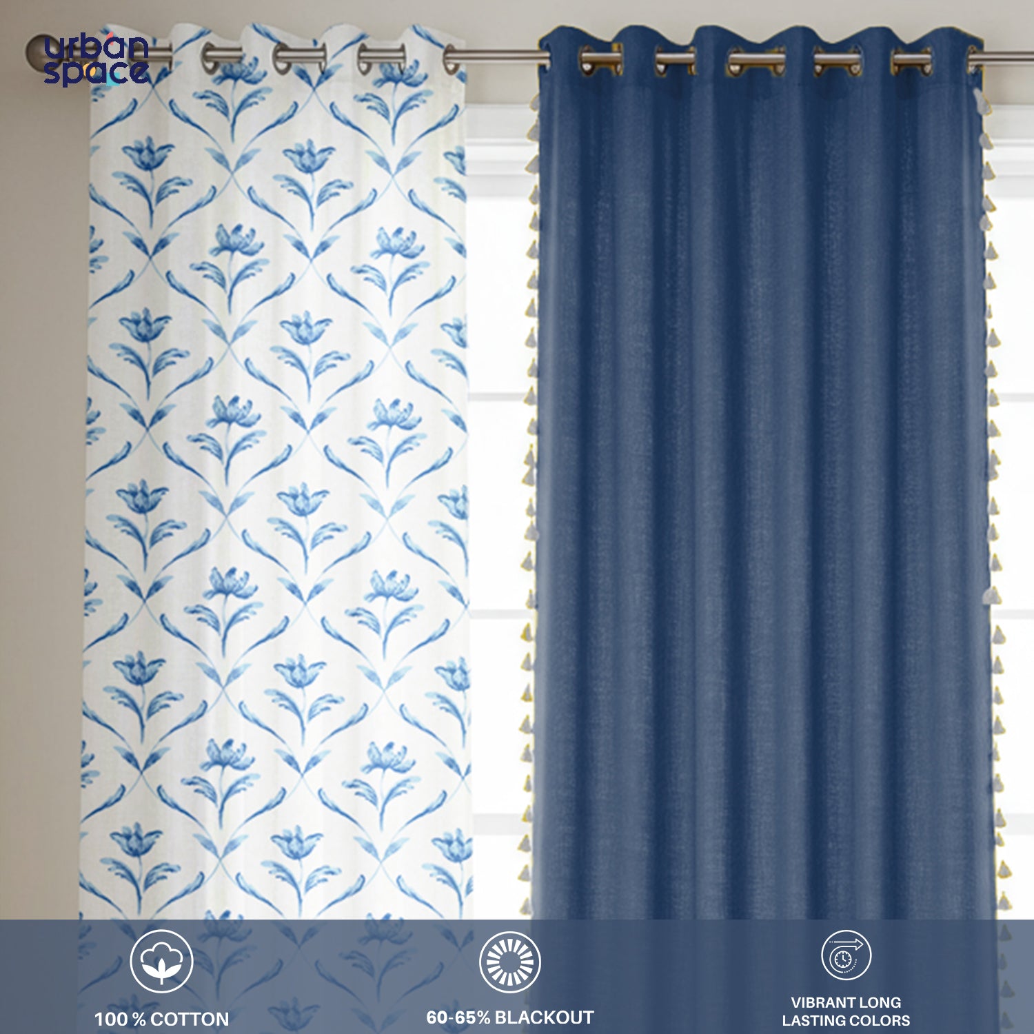 Cotton Curtains Combo, Set of 3 curtains, 60-65% Room Darkening Curtain - Water Lily - Blue & Aura Indigo