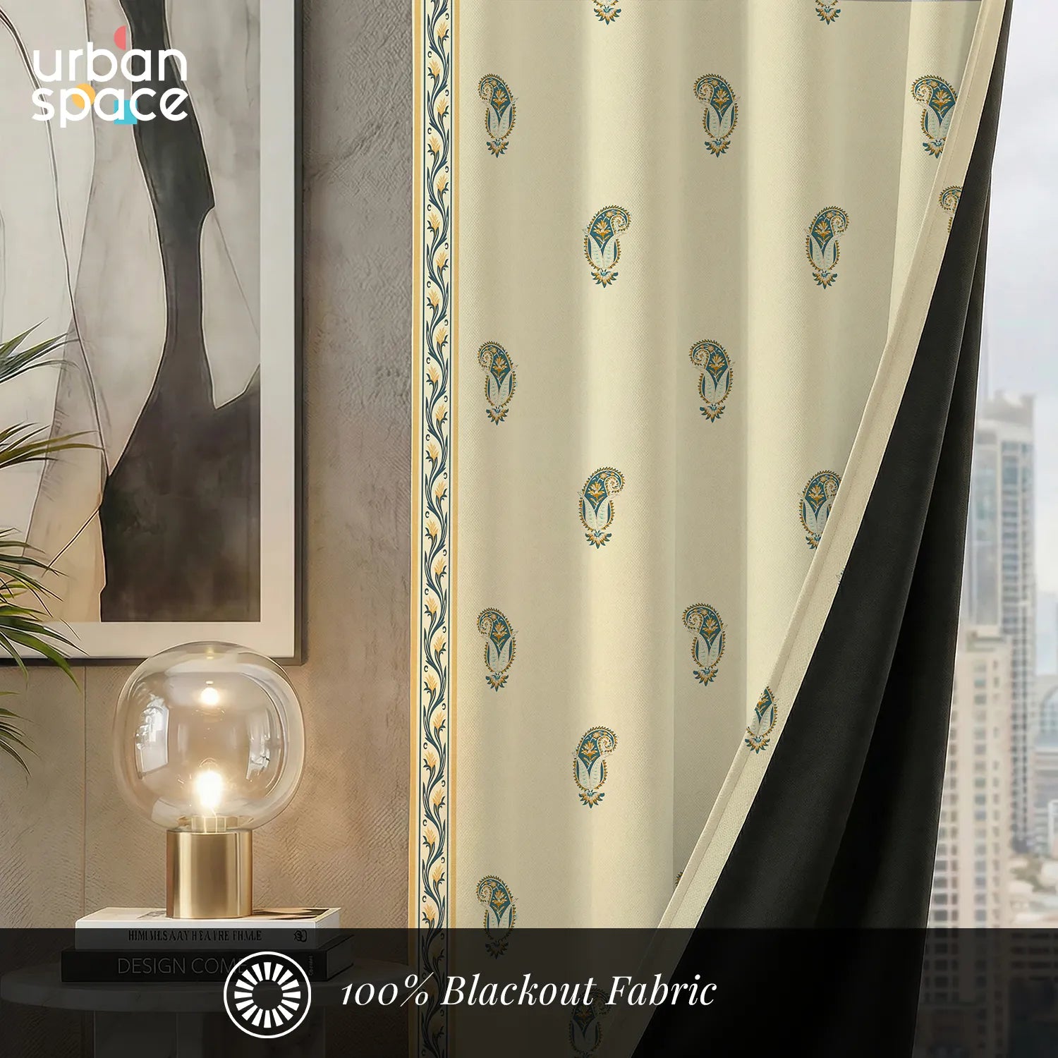 Digital Printed 100% Blackout Curtains, Pack of 2 Curtains -  Jaipur Paisley Teal