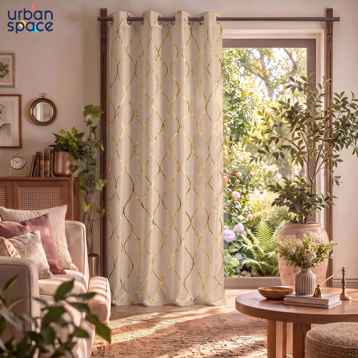 Gold Foil Printed 80-85% Blackout Curtains - Pack of 1 Curtain - Wave - Beige