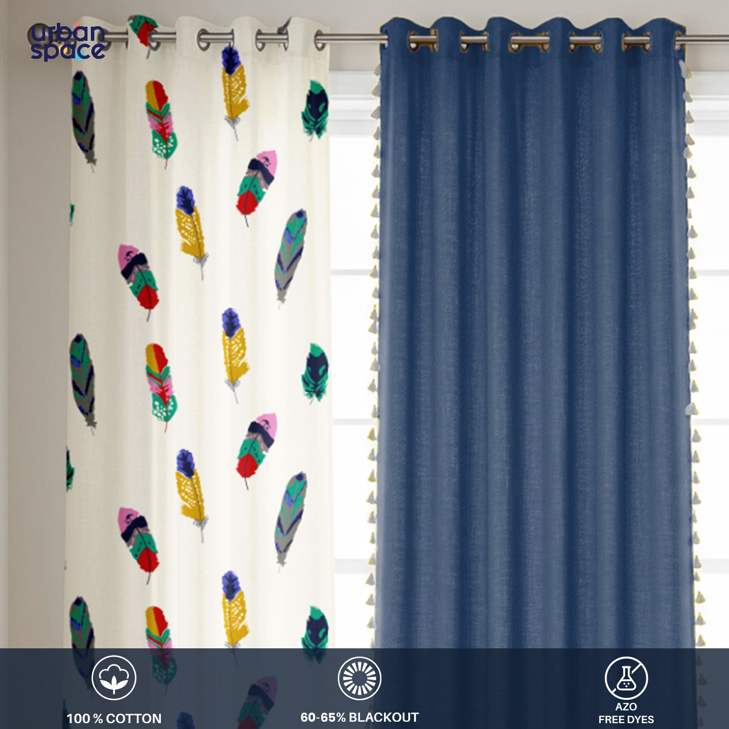 Cotton Curtains Combo, Set of 4 curtains, 60-65% Room Darkening Curtain - Dream Catcher & Aura Indigo