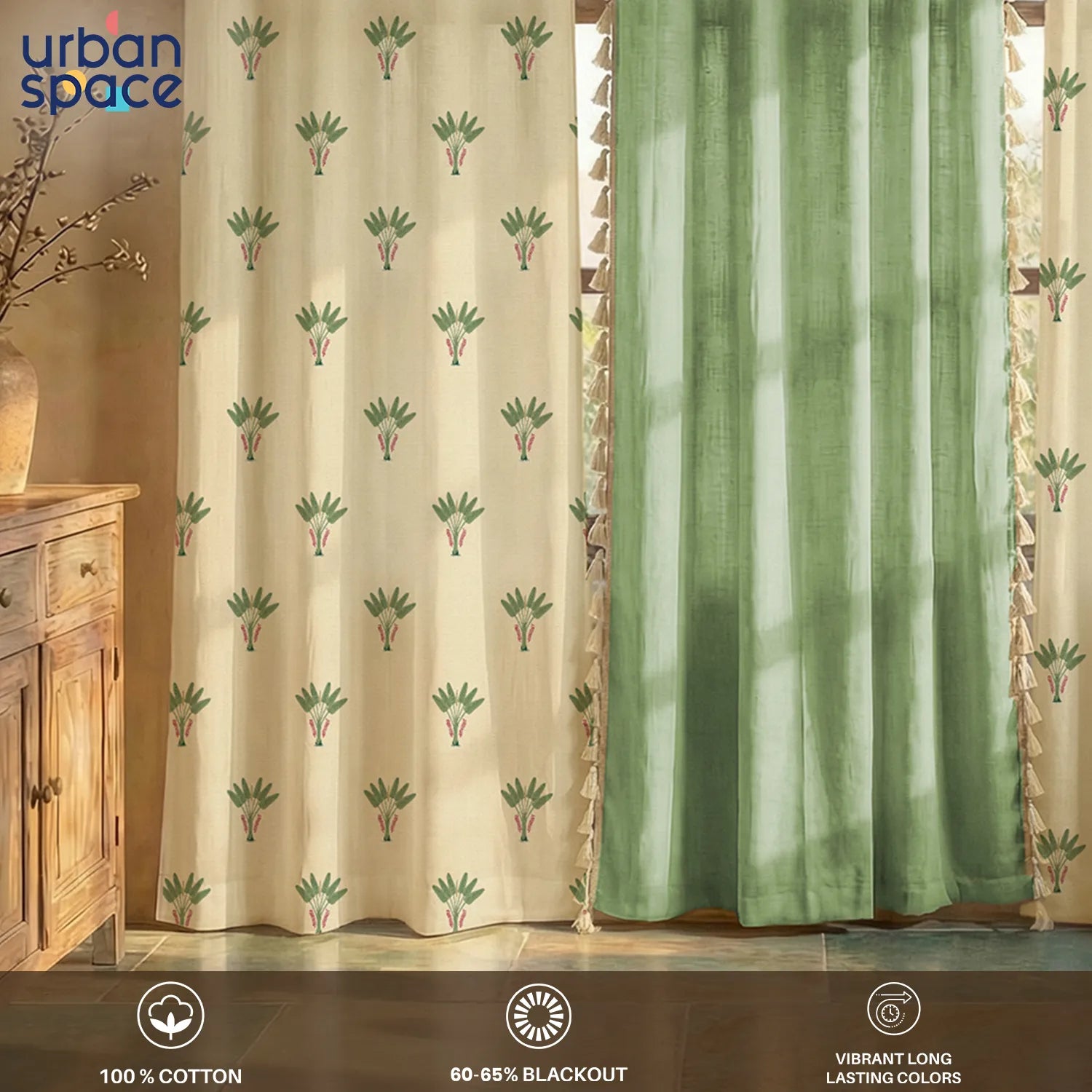 Cotton Curtains Combo, Set of 3 curtains, 60-65% Room Darkening Curtain - Palm Lagoon Green & Aura Green