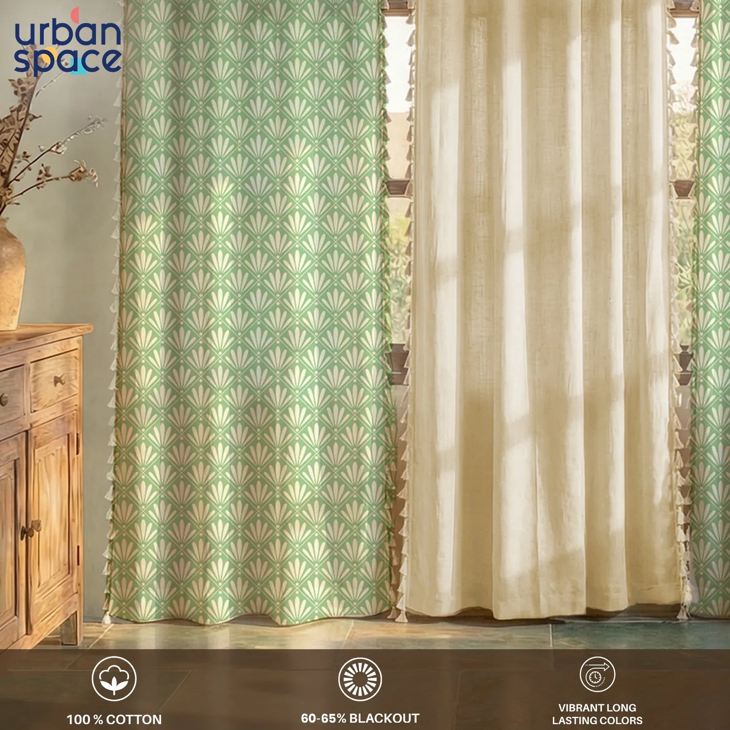 Cotton Curtains Combo, Set of 3 curtains, 60-65% Room Darkening Curtain - Amaya Sage Green & Aura Beige