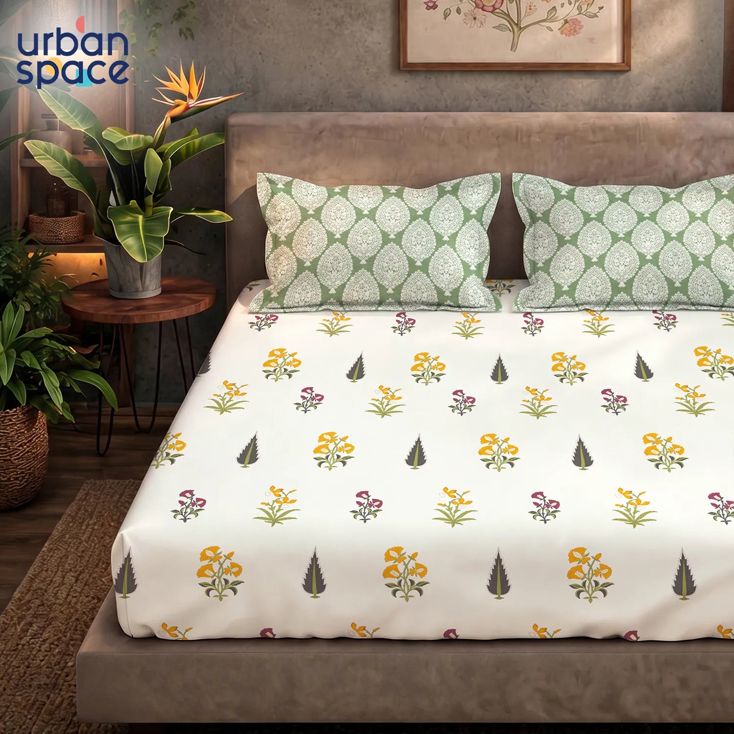 220 TC 100% Cotton printed bedsheet - High Garden Yellow