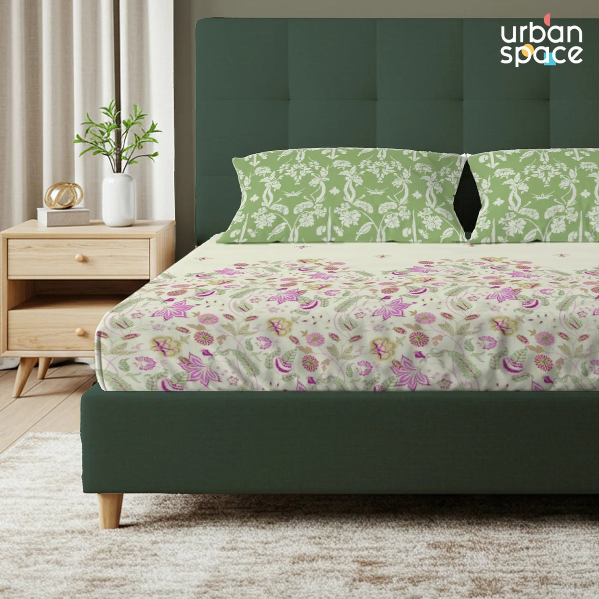Serene 200 TC 100% Cotton Bedsheet with Pillow Covers - Vine Gardens Sage Green