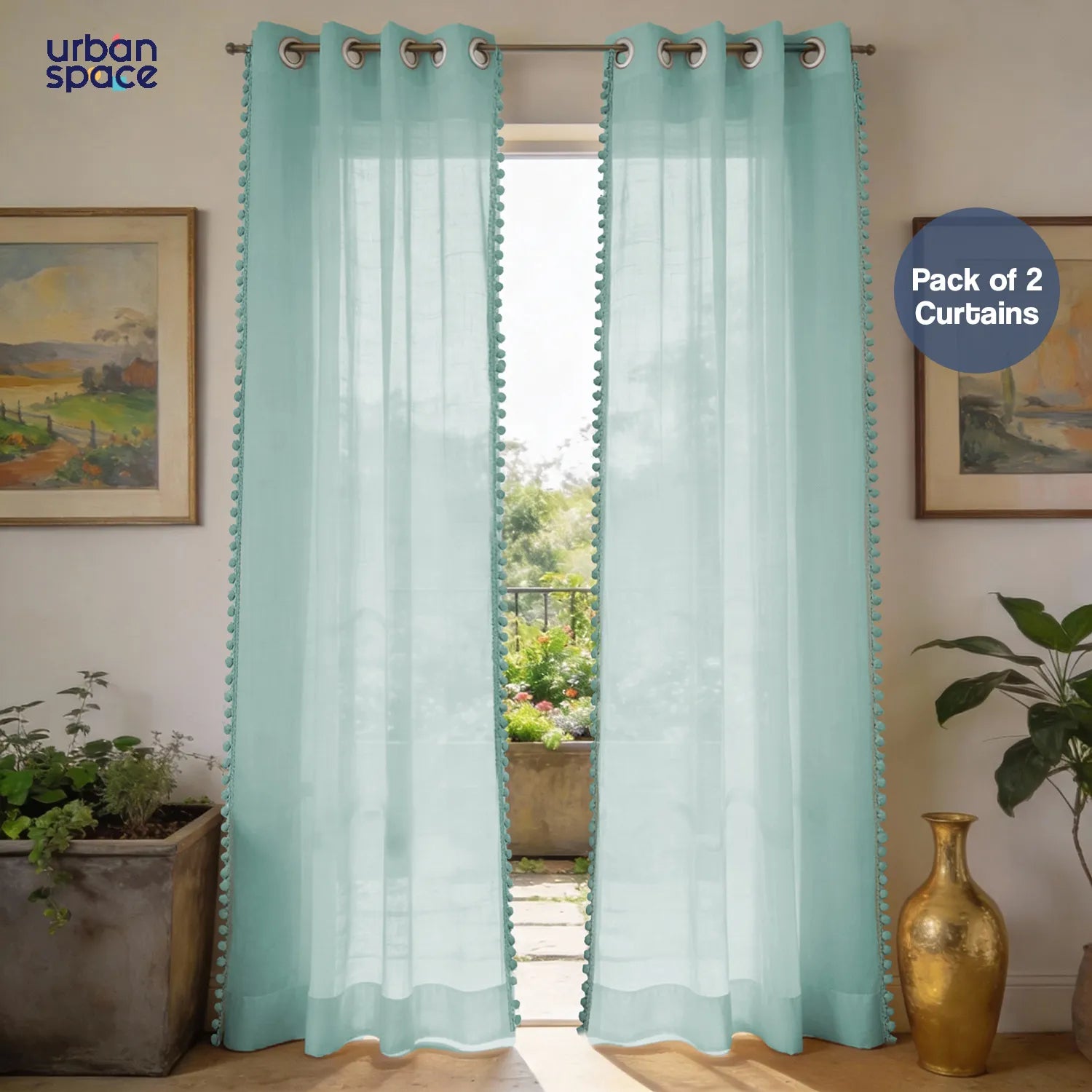 Sheer Curtain for Living Room with linen texture, Net Curtain for balcony, Pack of 2 Curtains - Aqua Blue with pom pom