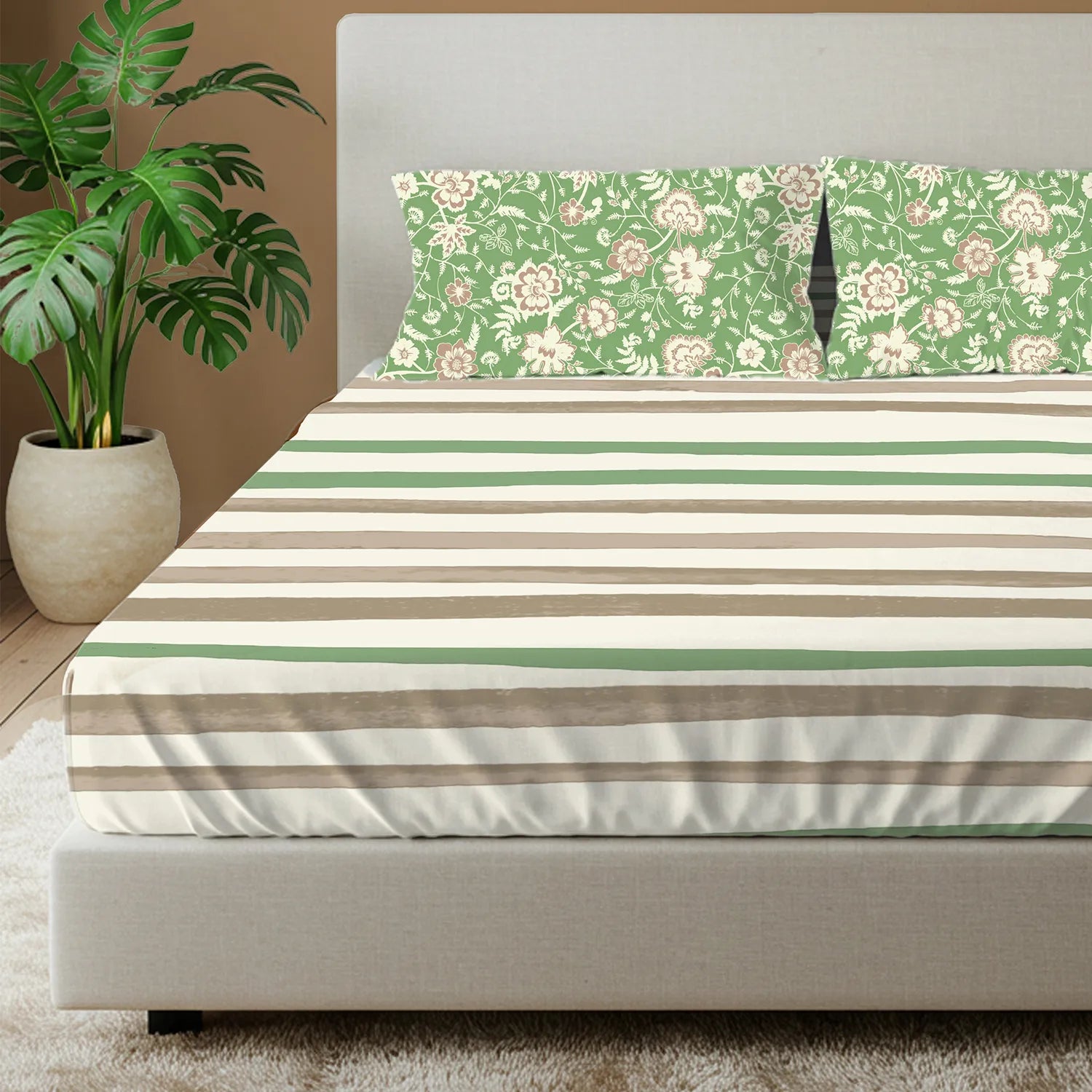 Divine Collection - Cotton Bedsheet With 2 Pillow Covers, Streak Sage Green