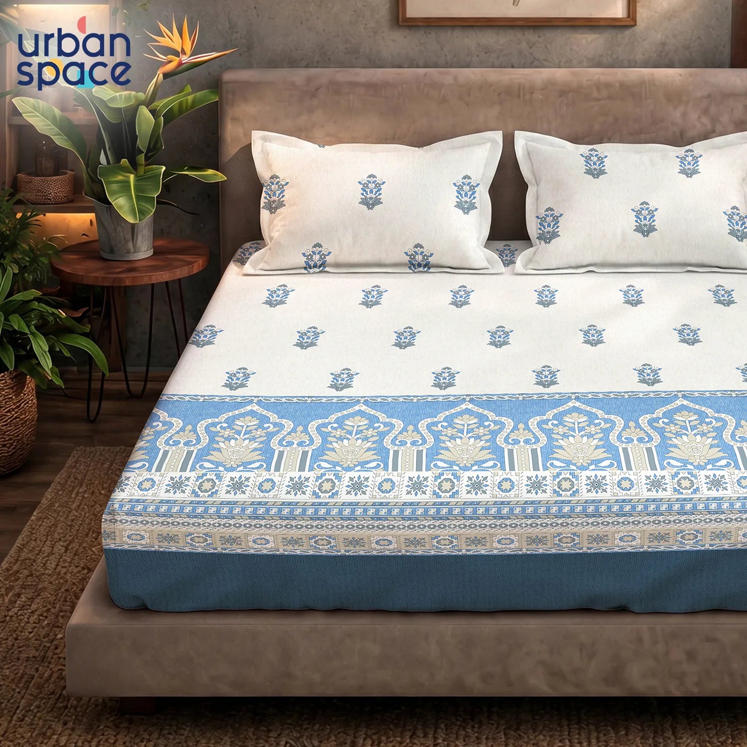 Serene 200 TC 100% Cotton Bedsheet with Pillow Covers - Palace Blue