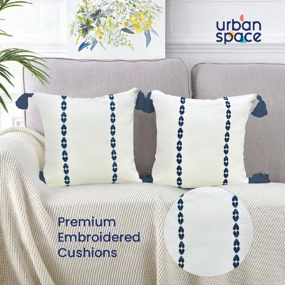 Embroidered Cotton Cushion Cover, for Sofa, Bedroom, Living Room - Set of 2 - Vintage Braid Indigo