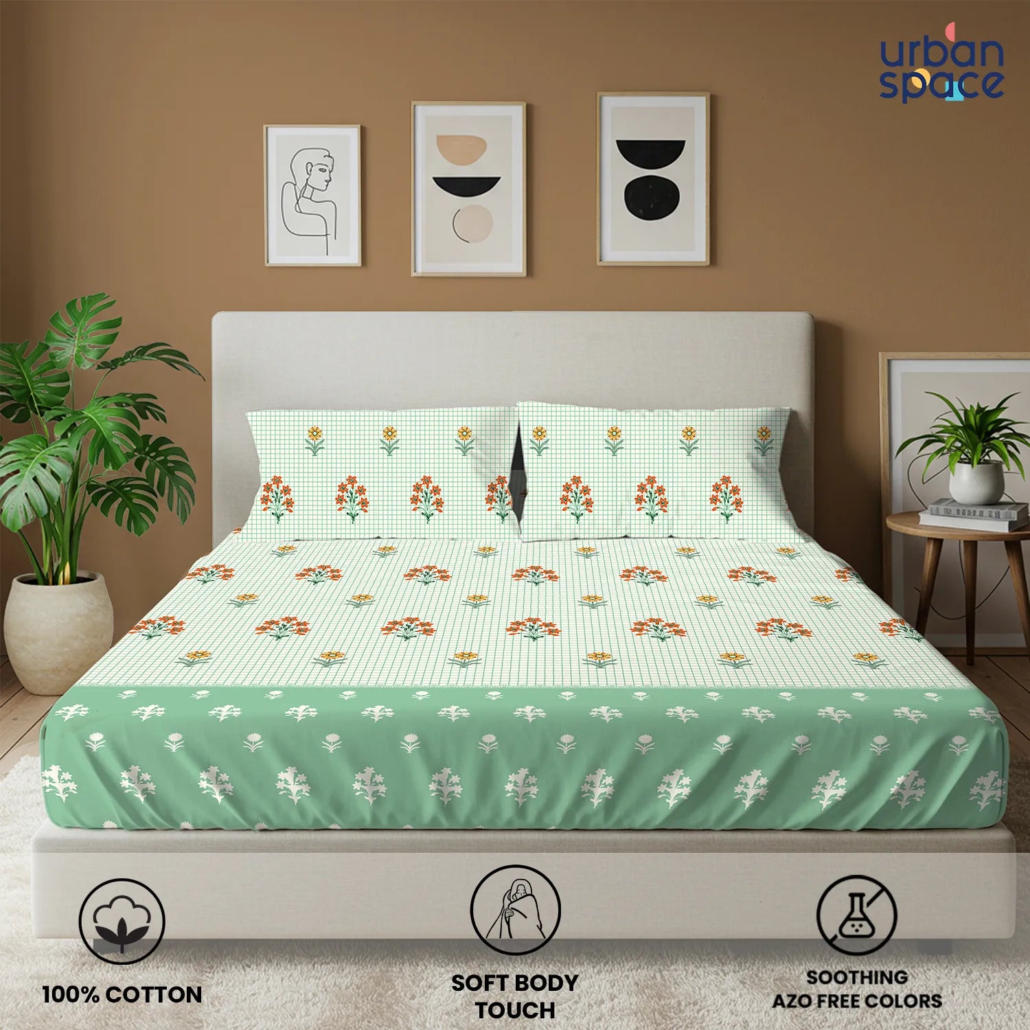 Divine Collection - Cotton Bedsheet With 2 Pillow Covers, Magnolia Sage Green