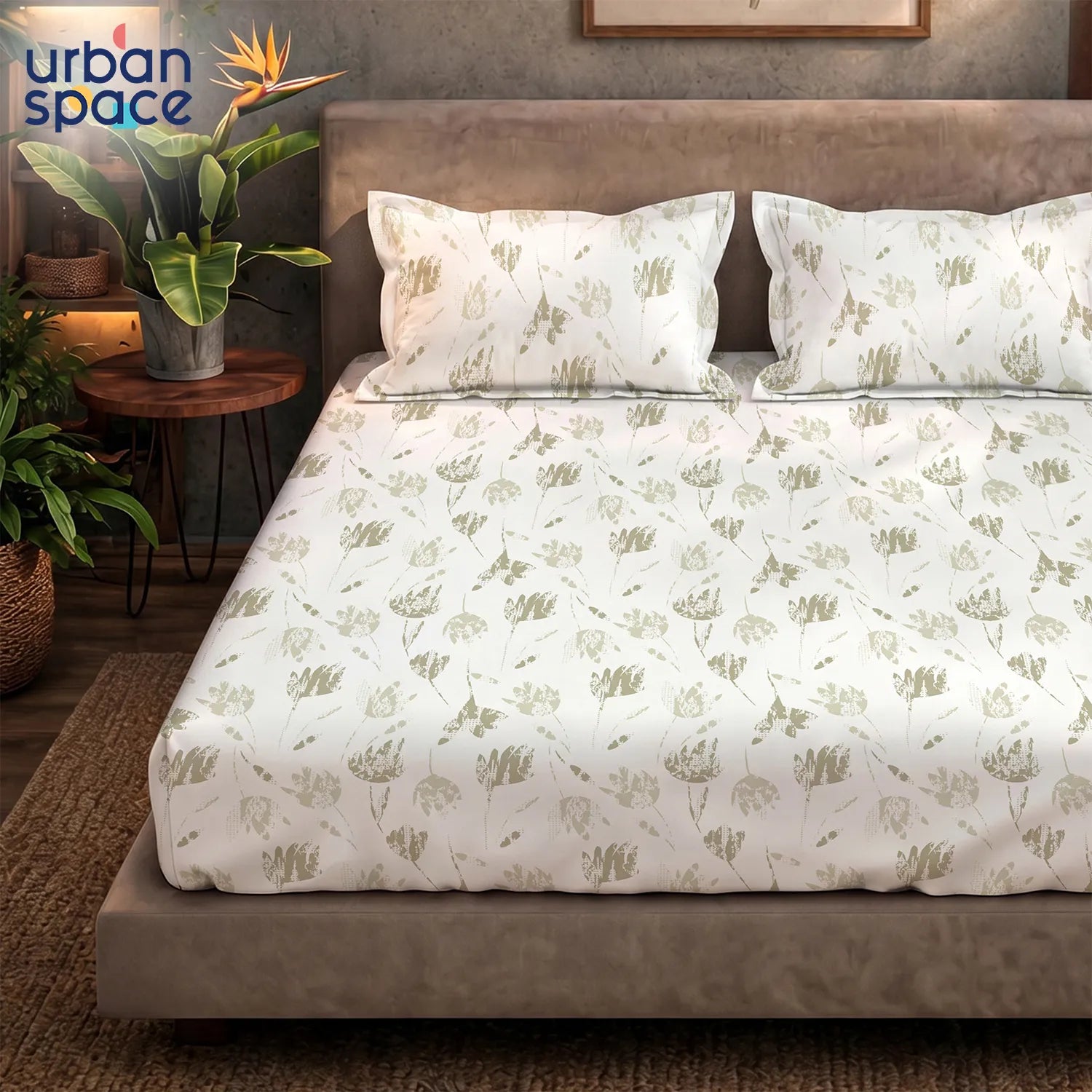 Serene 200 TC 100% Cotton Bedsheet with Pillow Covers - Frosted Tulips Olive Gray