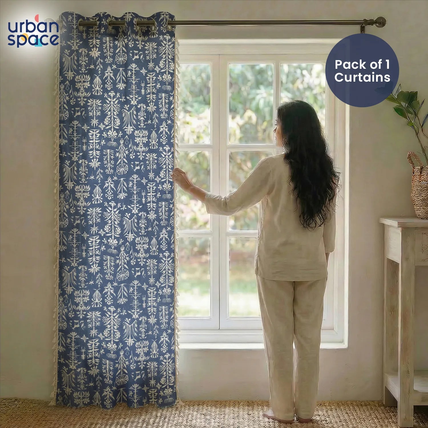 Premium 100% Cotton Curtain for Window & Curtains for Door - Pack of 1 Curtain, Twigs Indigo Blue