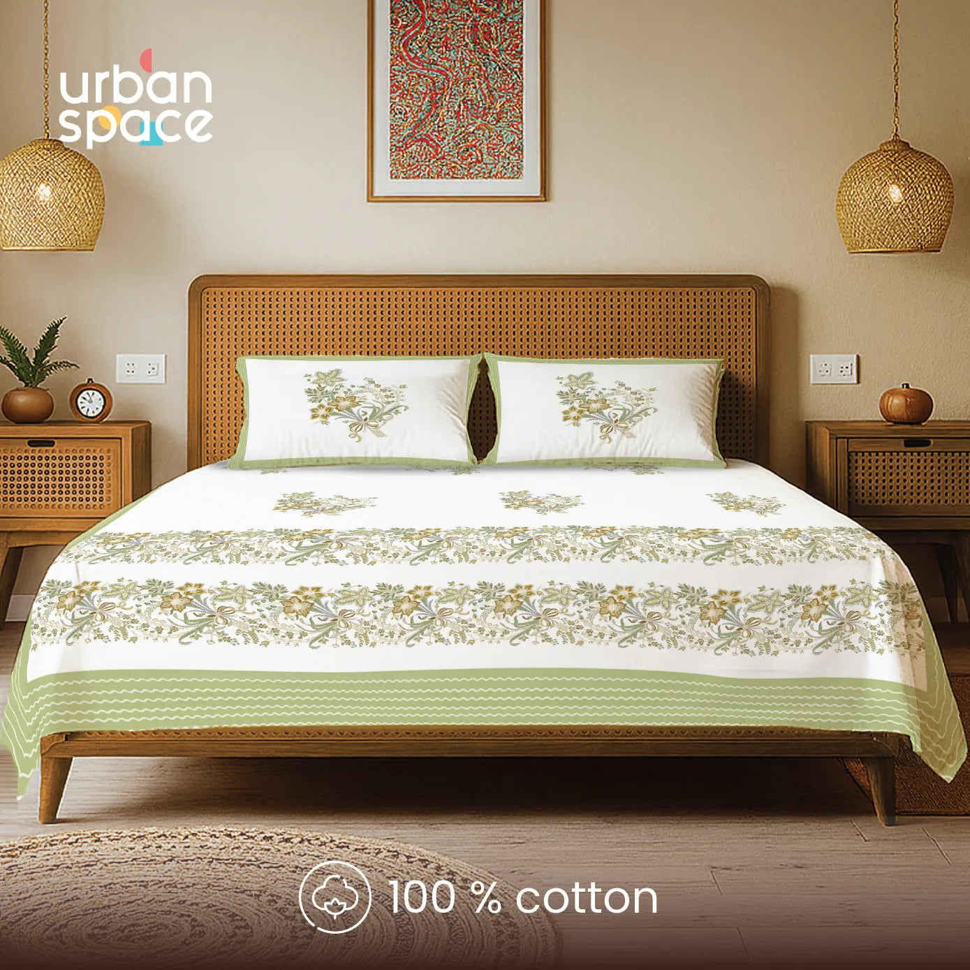 Rajasthani Ethnic 100% Cotton Bedsheet with 2 Pillow Covers, Double Bed - Taarini Green