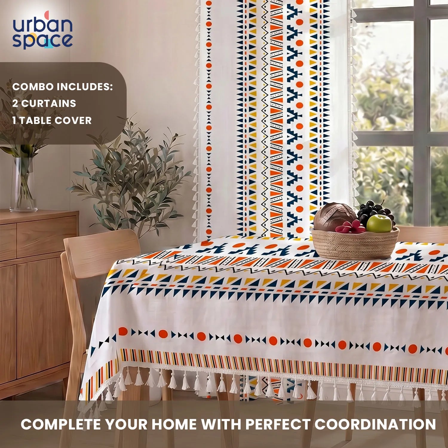 100% Cotton Pack of 2 Curtains & Table Cover Combo for Living Room - Ikat