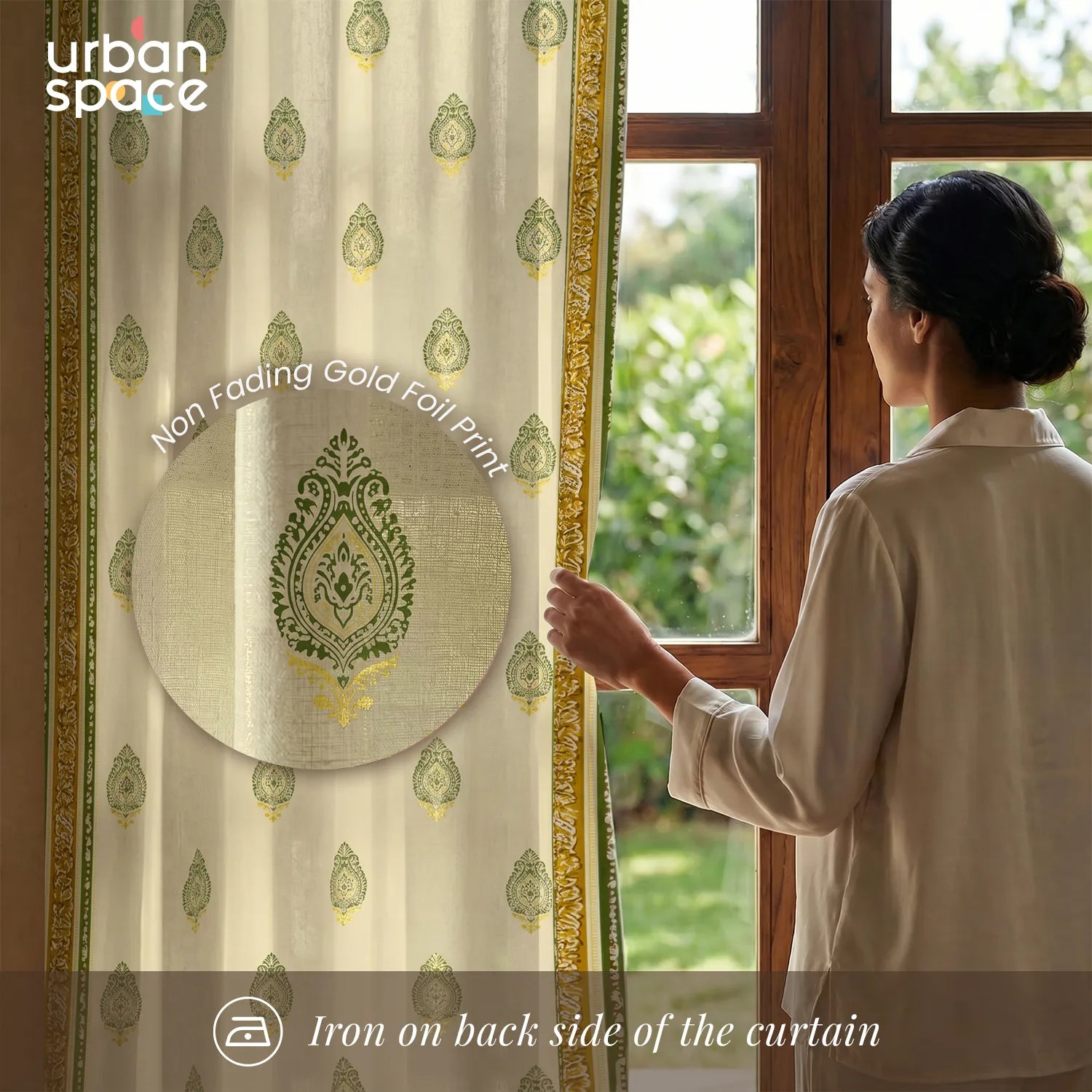 100% Cotton Gold Foil Curtains for Living Room, Bedroom curtains - Pack of 2 curtains, Zari Buta Sage Green Gold