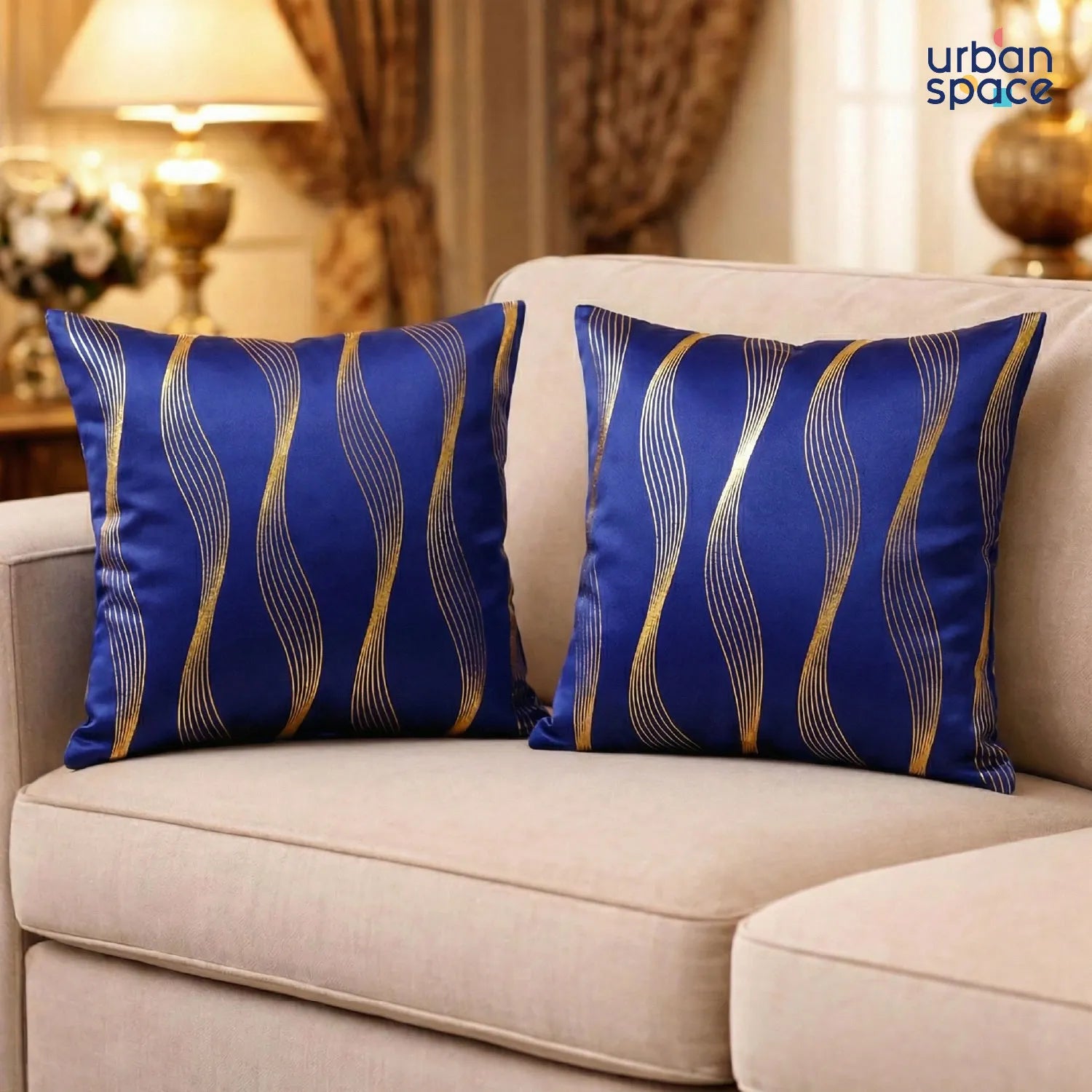 Decorative Gold Foil Cushion Cover, for Sofa, Bedroom, Living Room - Set of 2 - Double wave Navy