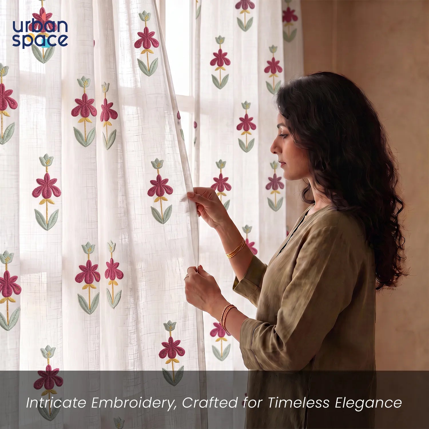 Embroidered Light Filtering Curtains, Pack of 1 - Avira Pink
