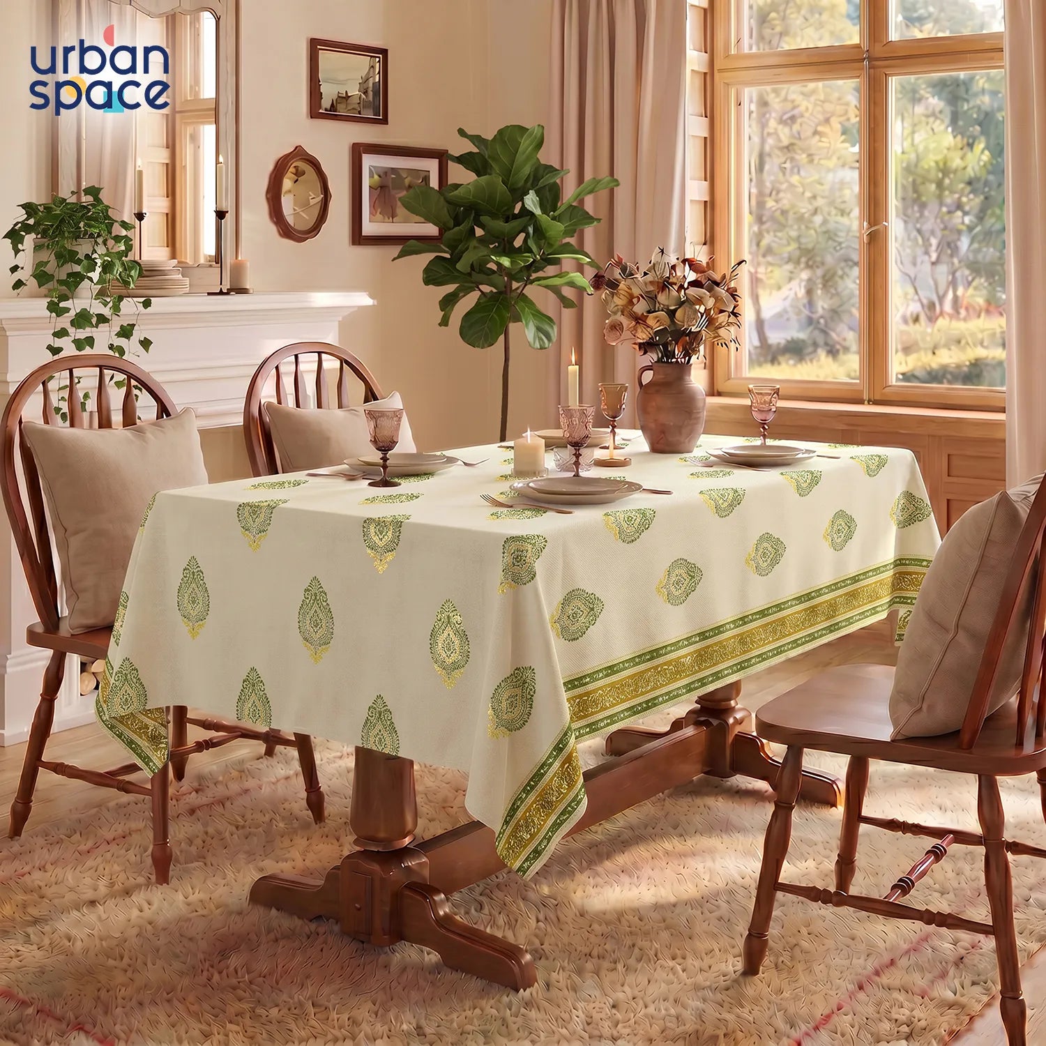 100% Cotton Table cloth/ table cover for 4 or 6 seater Dining / Centre Table - Zari Buta Sage Green Gold
