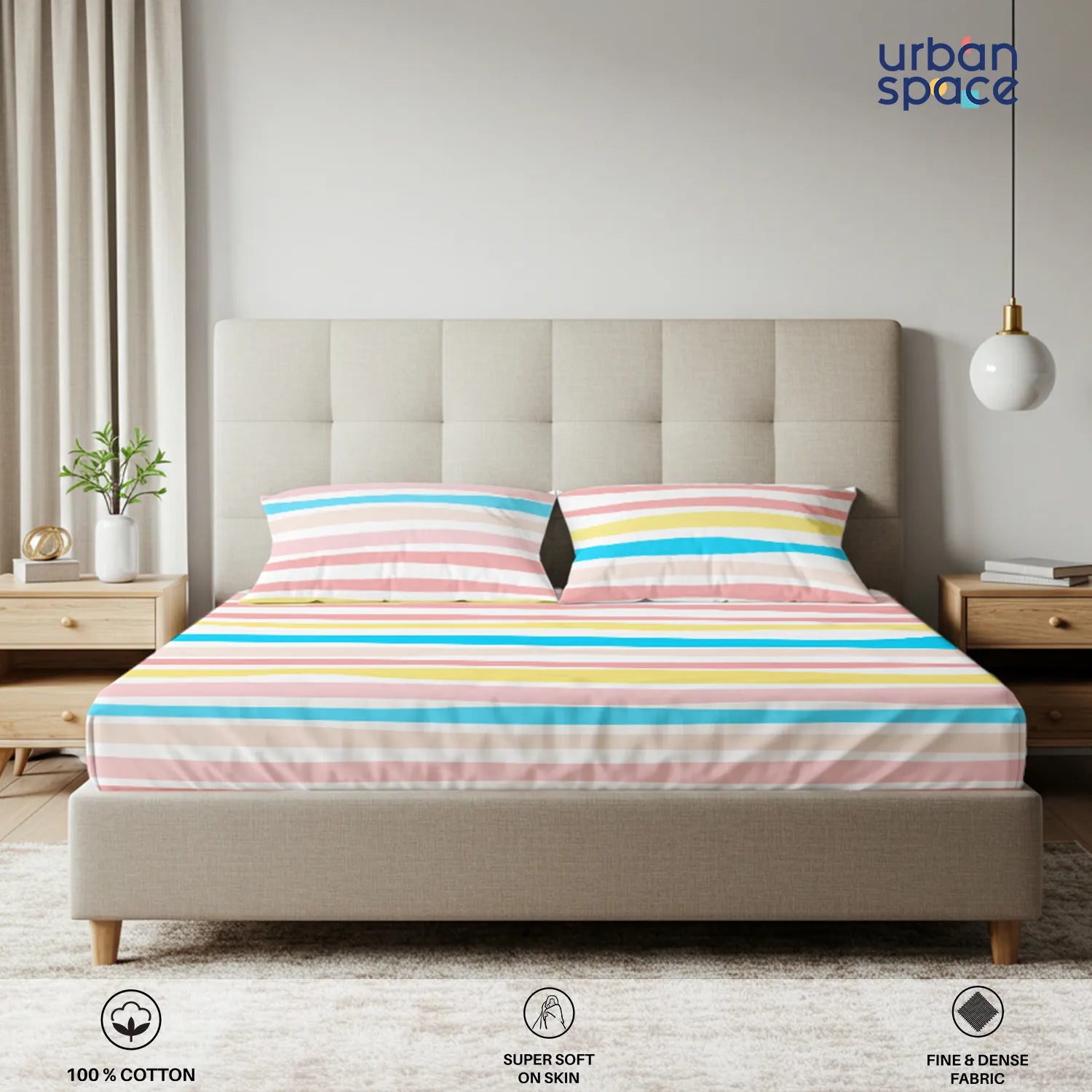 Fitted King Size Cotton Bedsheet - MultiColour Stripes-Pastel