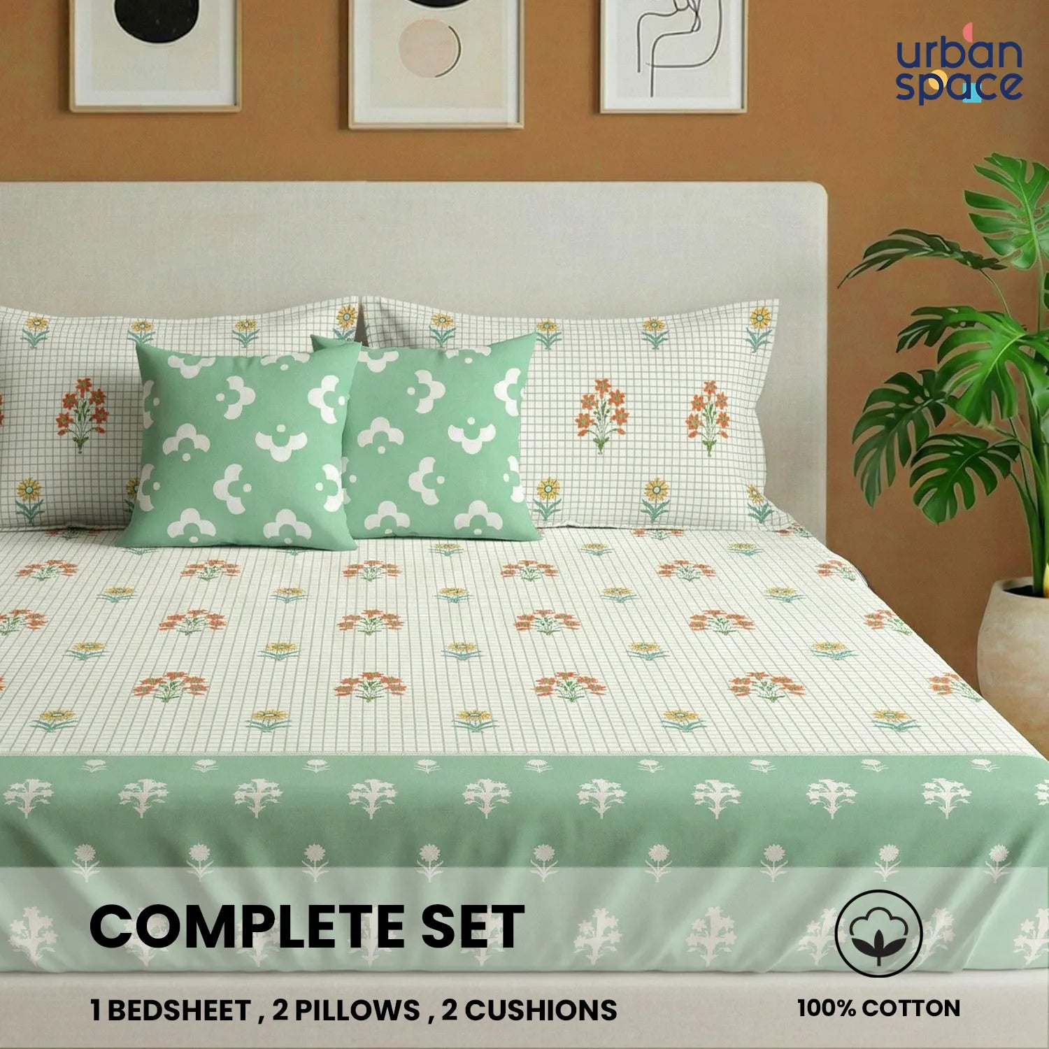 5 PC Cotton Bedsheet Set with 2 Pillow + 2 Cushion Covers - Magnolia Sage Green