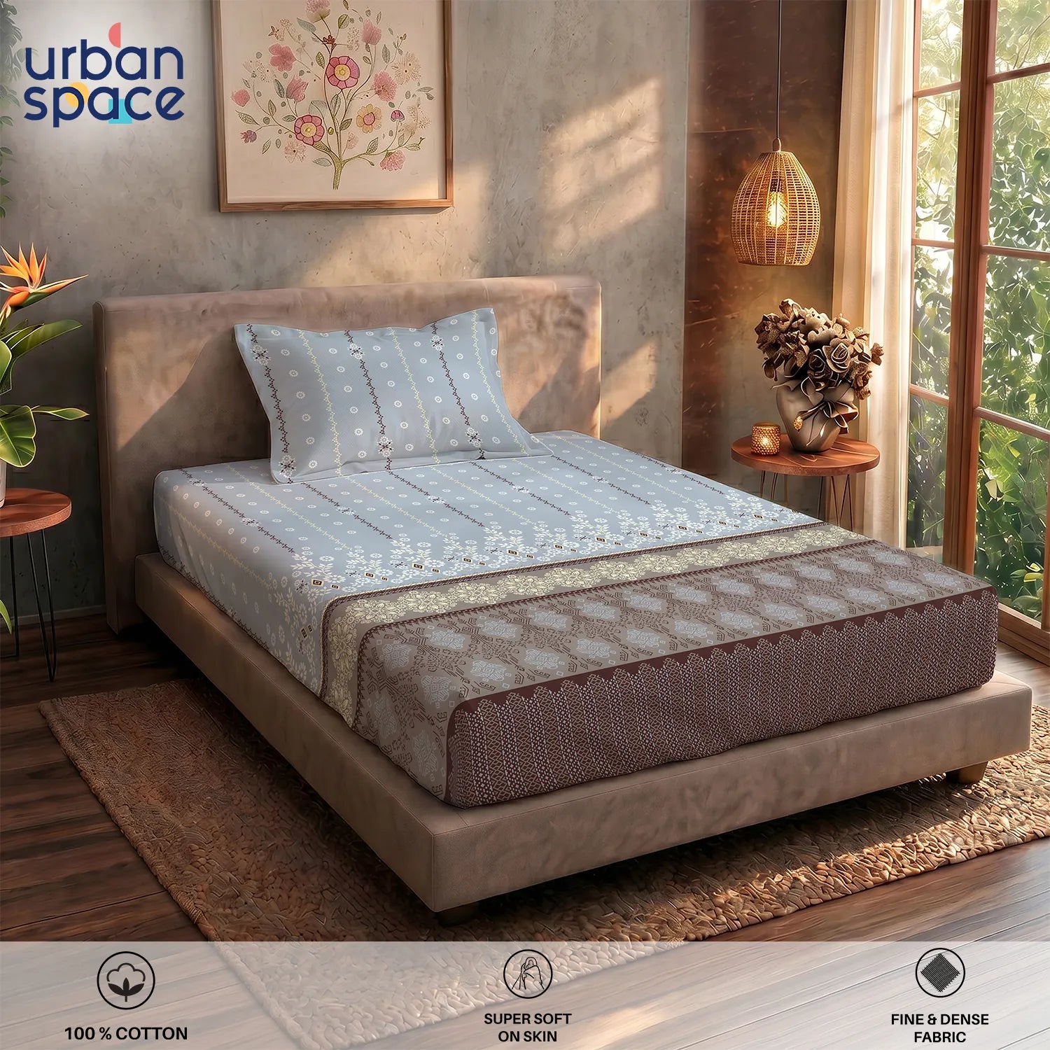Serene 200 TC 100% Cotton Single Bedsheet with Pillow Covers - Origami Brown