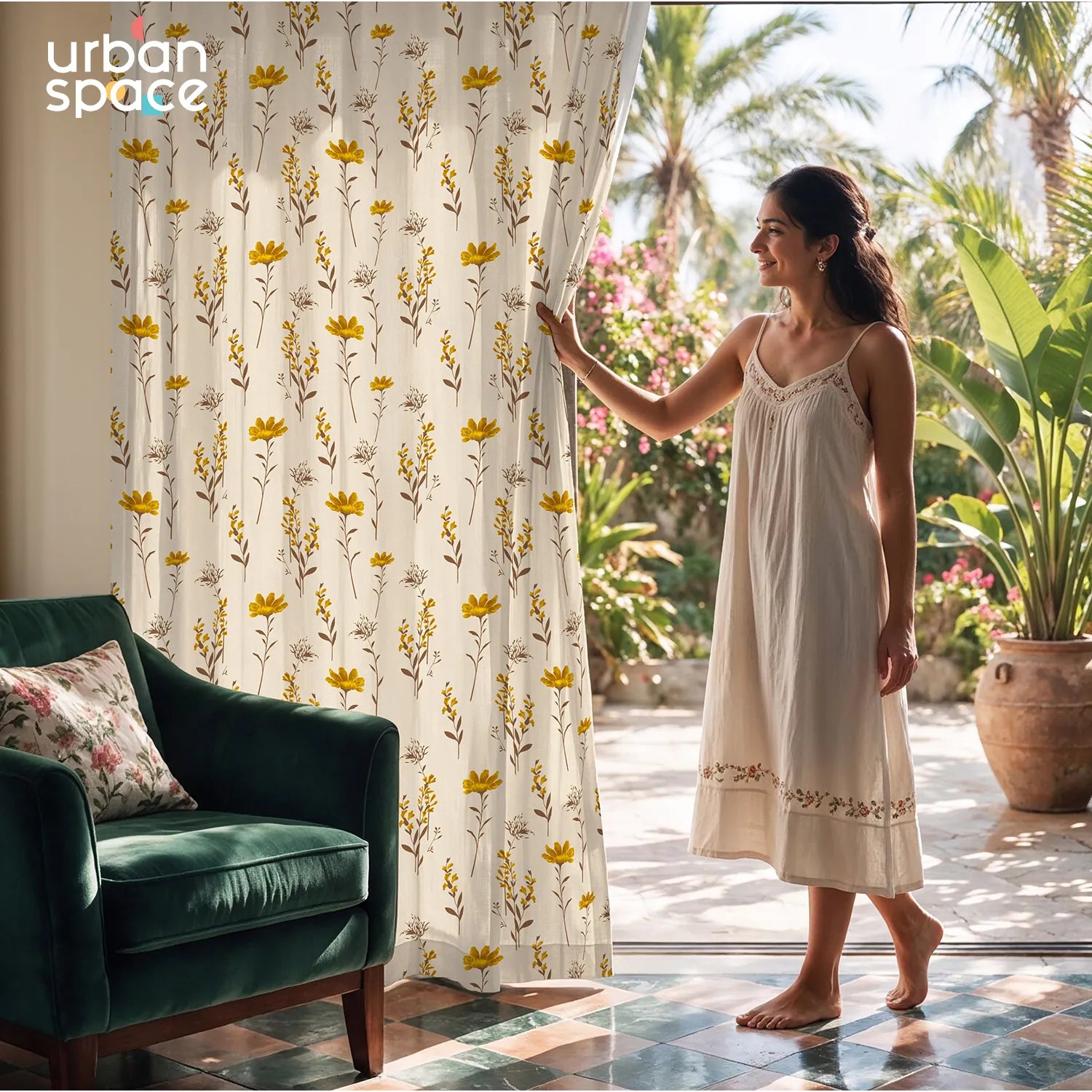 100% Cotton Curtains for Living Room, Bedroom curtains - Pack of 2 curtains, Orchid Blooms - Yellow